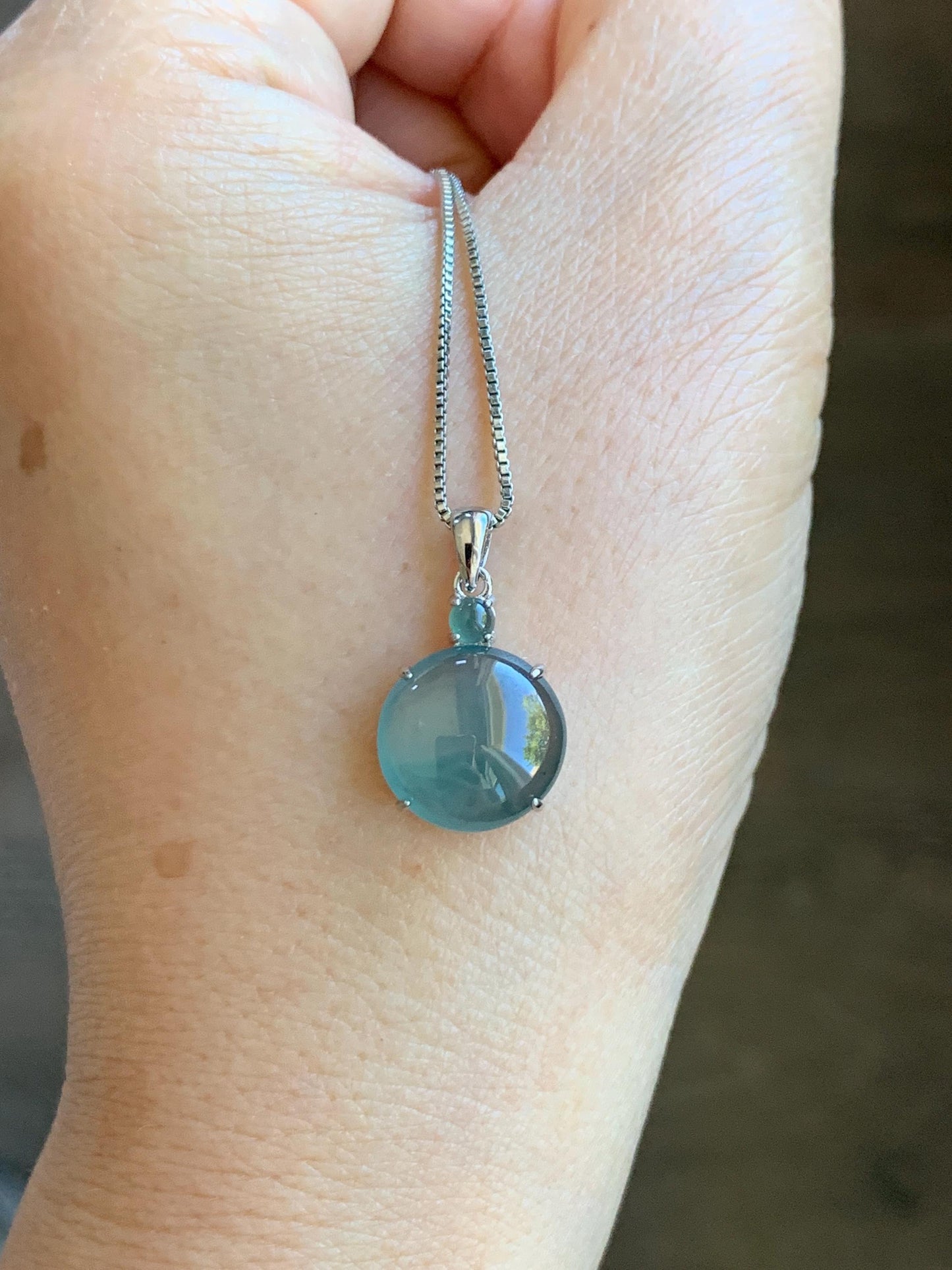 Natural Grade A Guatemalan Icy Highly Translucent Dark Teal Blue Jade Jadeite Round Cabochon Pendant Sterling Silver 天然冰危蓝水翡翠蛋面吊坠 WDD120