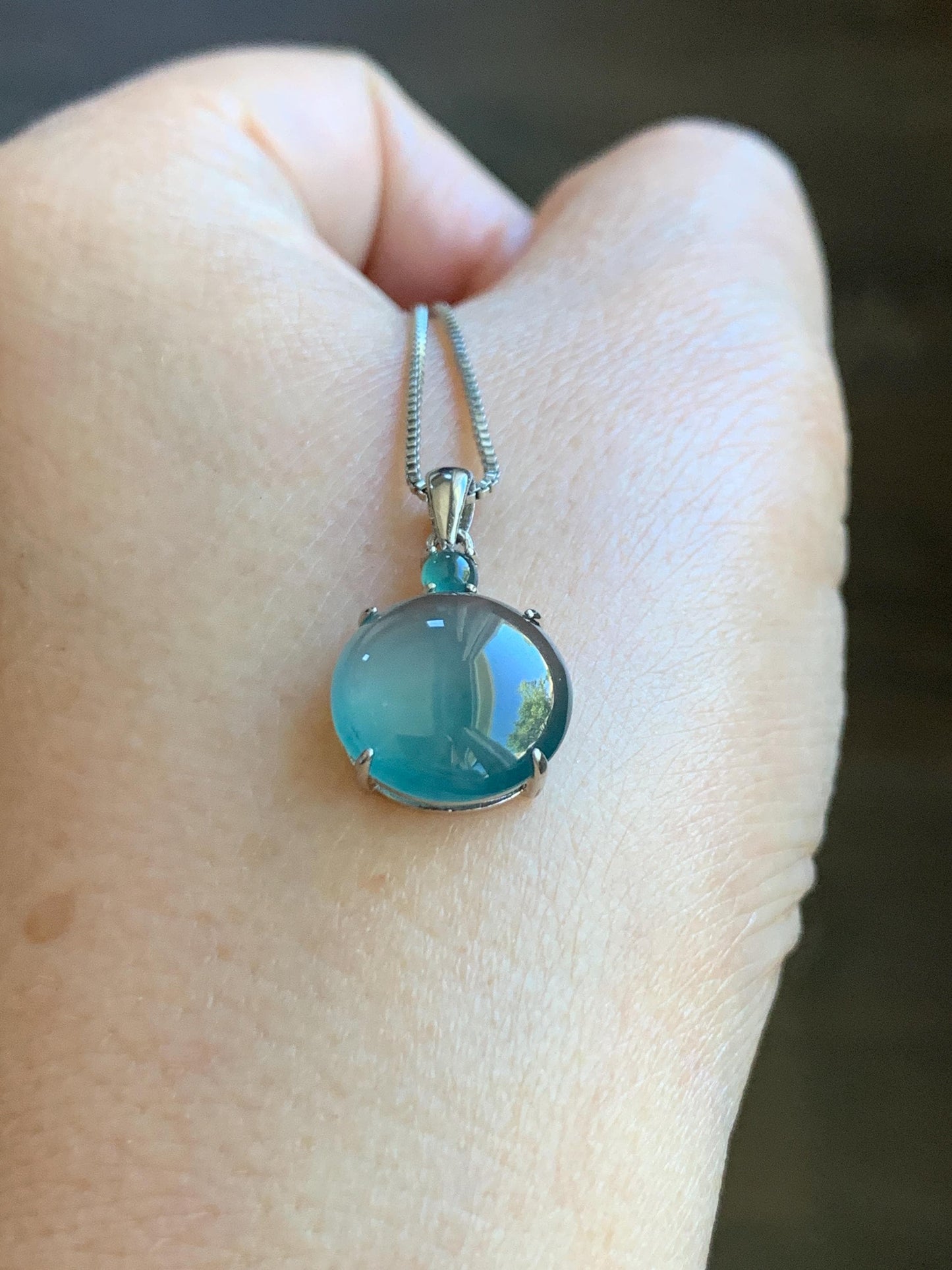 Natural Grade A Guatemalan Icy Highly Translucent Dark Teal Blue Jade Jadeite Round Cabochon Pendant Sterling Silver 天然冰危蓝水翡翠蛋面吊坠 WDD120