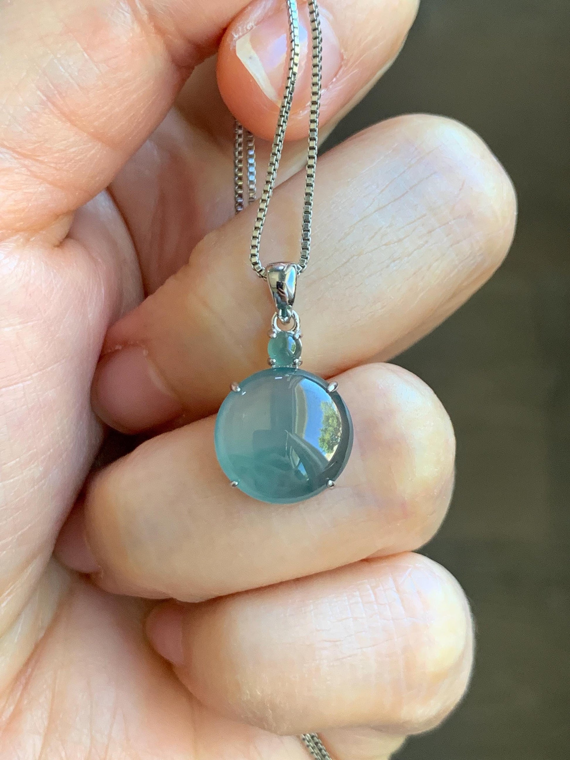 Natural Grade A Guatemalan Icy Highly Translucent Dark Teal Blue Jade Jadeite Round Cabochon Pendant Sterling Silver 天然冰危蓝水翡翠蛋面吊坠 WDD120