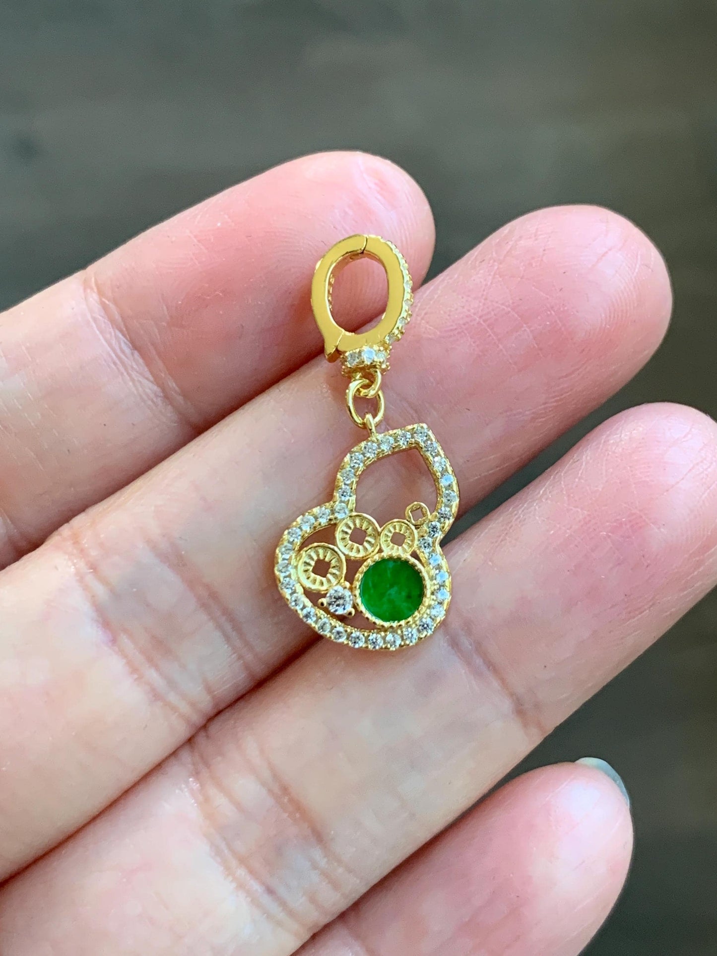 Natural Grade A Icy Vibrant Green Jade Jadeite Hua Qing Gourd Hulu Charm Pendant Sterling Silver Yellow Gold Overlay 天然花青翡翠葫芦珍珠扣吊坠 MHQ140H