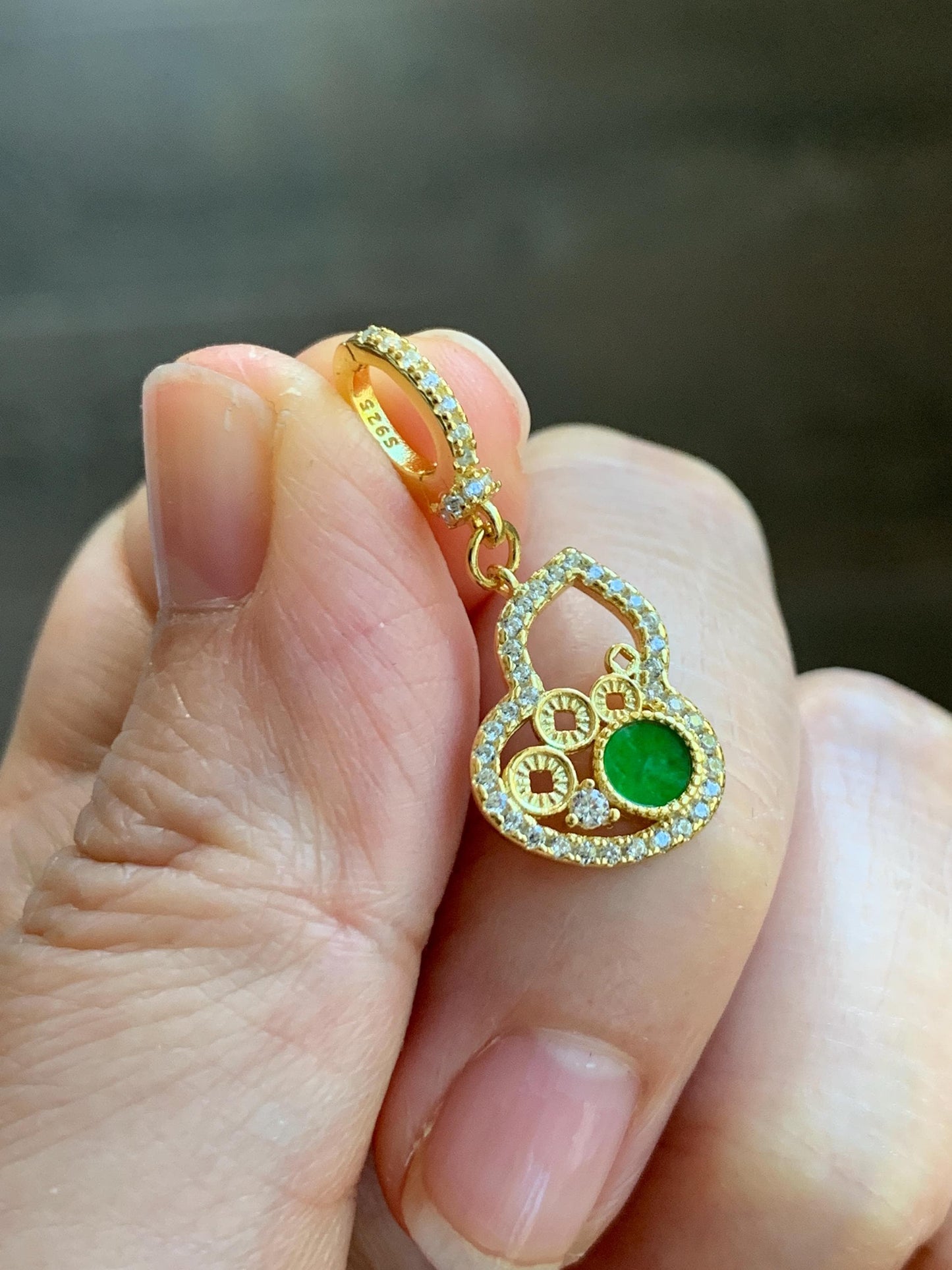 Natural Grade A Icy Vibrant Green Jade Jadeite Hua Qing Gourd Hulu Charm Pendant Sterling Silver Yellow Gold Overlay 天然花青翡翠葫芦珍珠扣吊坠 MHQ140H