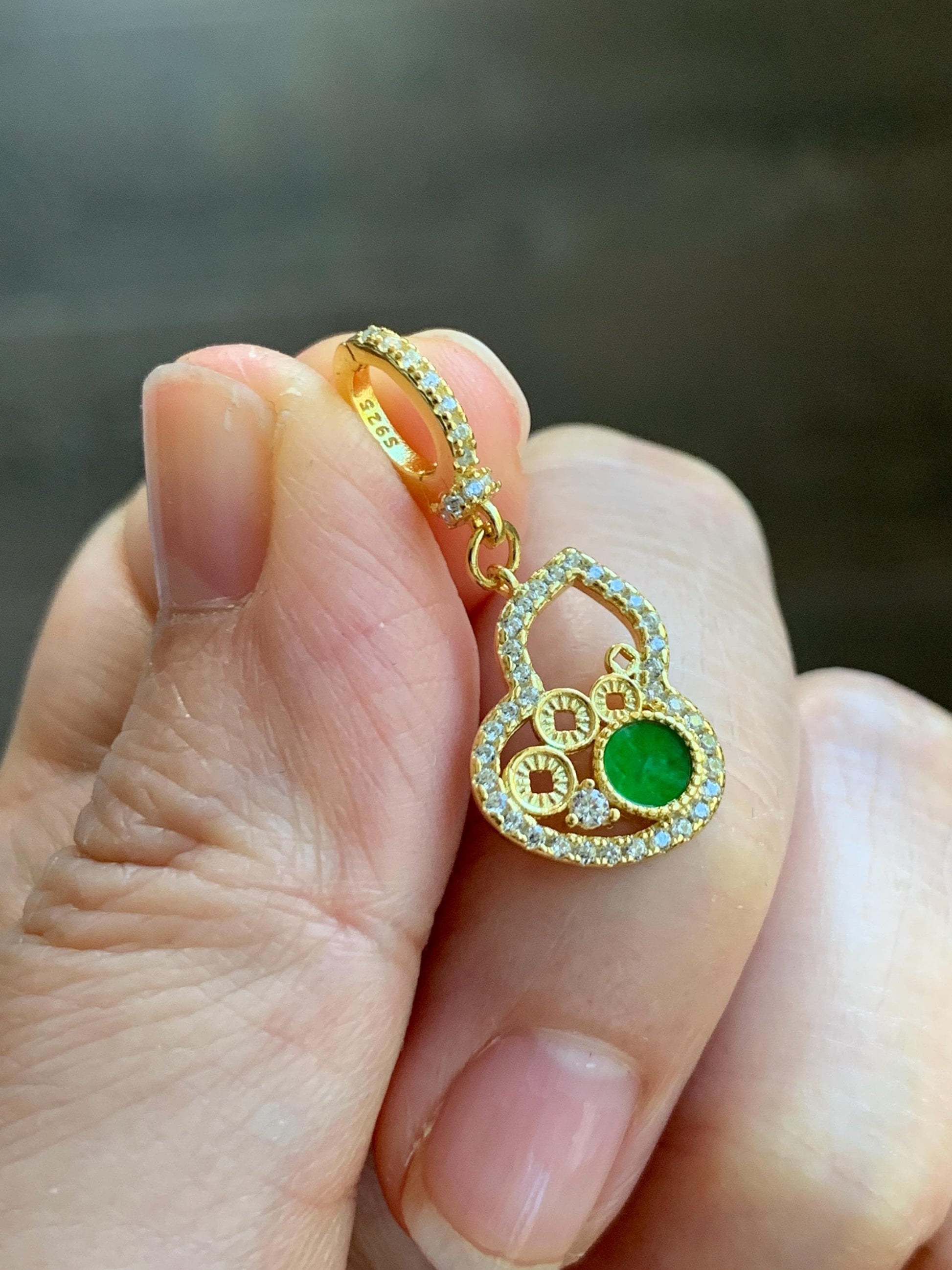 Natural Grade A Icy Vibrant Green Jade Jadeite Hua Qing Gourd Hulu Charm Pendant Sterling Silver Yellow Gold Overlay 天然花青翡翠葫芦珍珠扣吊坠 MHQ140H