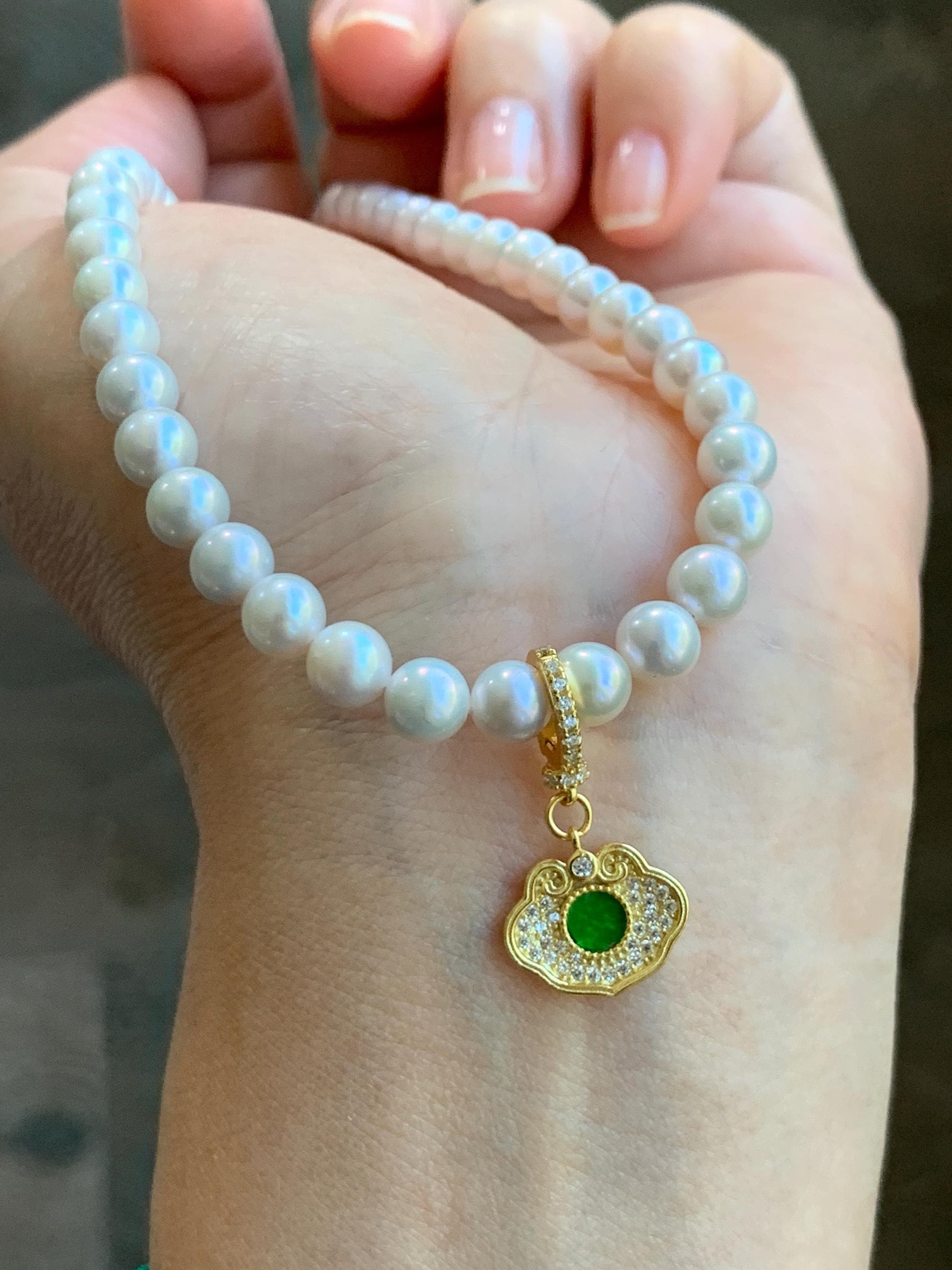 Natural Grade A Icy Vibrant Green Jade Jadeite Hua Qing Ruyi Charm Pendant Sterling Silver Yellow Gold Overlay 天然花青翡翠如意珍珠扣吊坠 MHQ140R