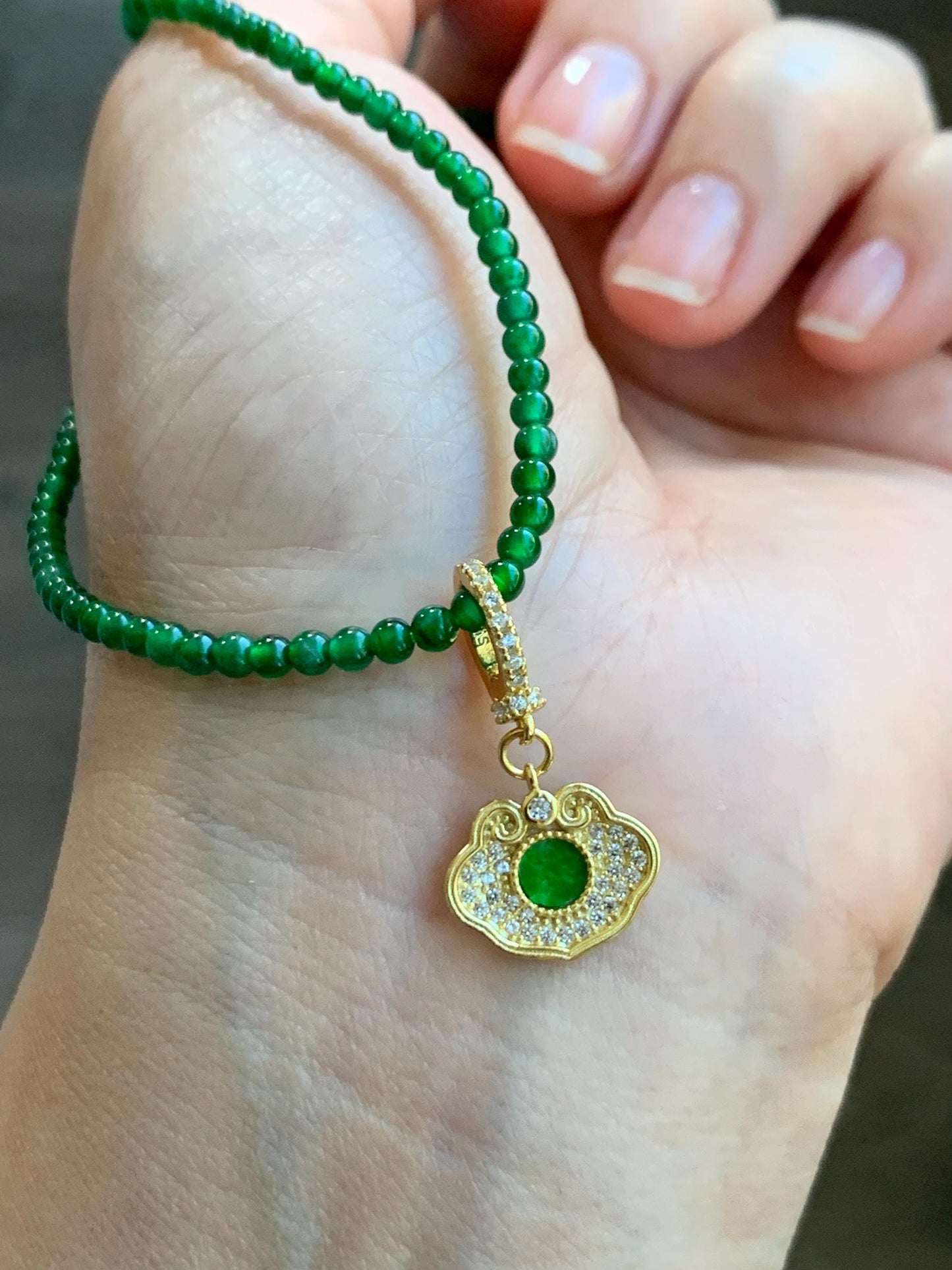 Natural Grade A Icy Vibrant Green Jade Jadeite Hua Qing Ruyi Charm Pendant Sterling Silver Yellow Gold Overlay 天然花青翡翠如意珍珠扣吊坠 MHQ140R