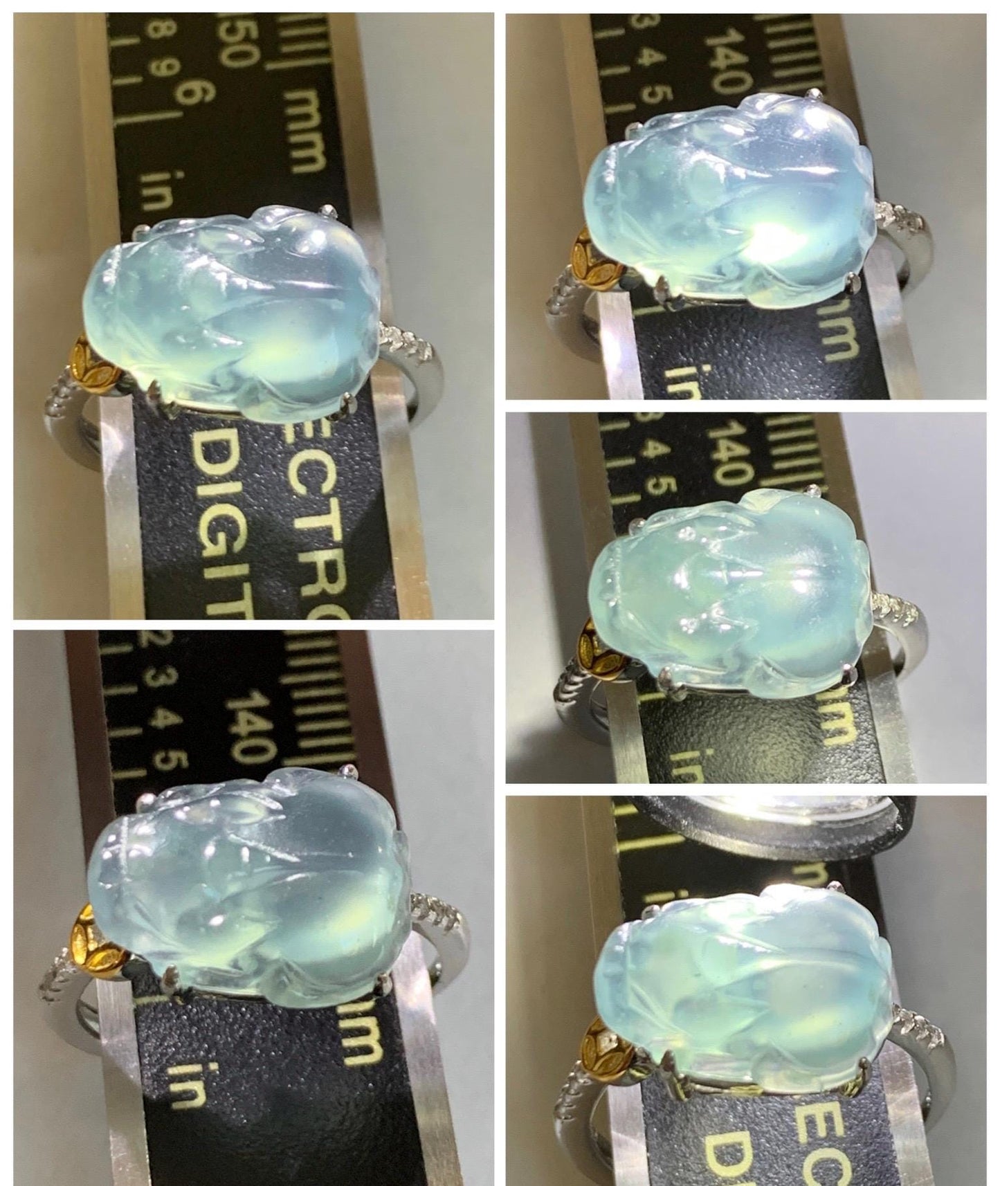 Natural Grade A Guatemalan Icy Highly Translucent Teal Jade Jadeite Pixiu Ring Sterling Silver Size 7 US Adjustable 天然冰危浅蓝翡翠貔貅银镶戒指 WLP96B