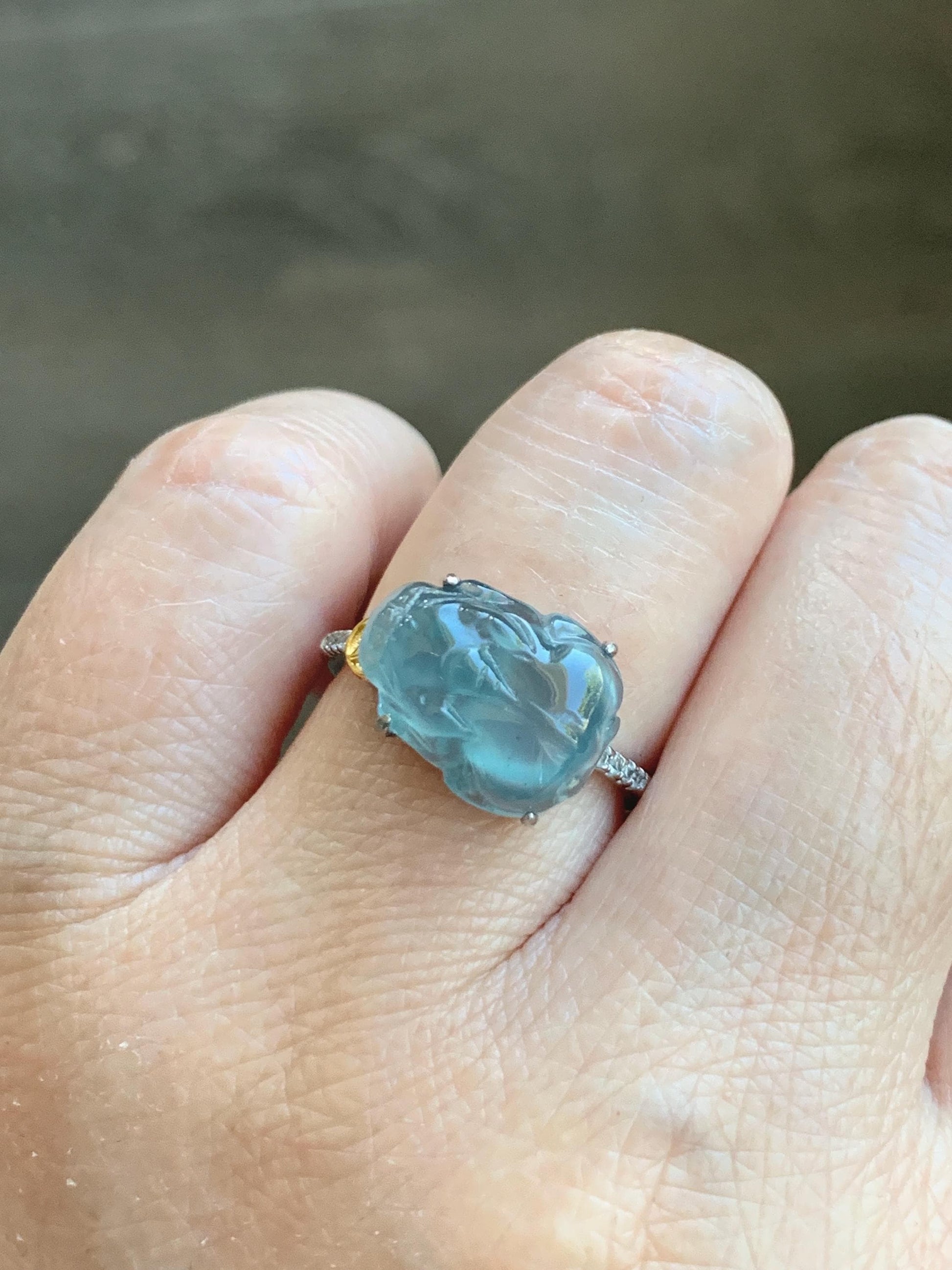 Natural Grade A Guatemalan Icy Highly Translucent Teal Jade Jadeite Pixiu Ring Sterling Silver Size 7 US Adjustable 天然冰危浅蓝翡翠貔貅银镶戒指 WLP96B