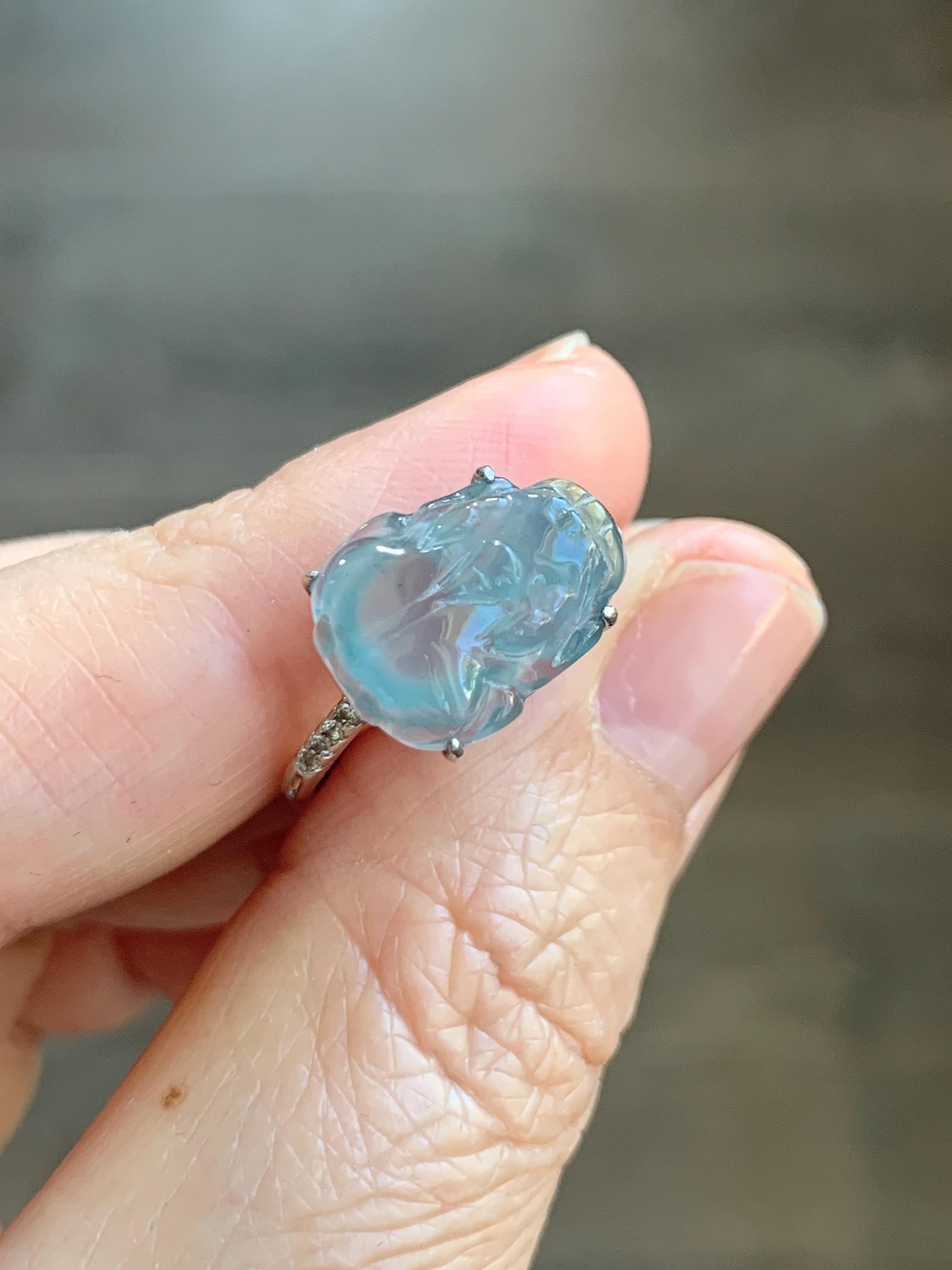 Natural Grade A Guatemalan Icy Highly Translucent Teal Jade Jadeite Pixiu Ring Sterling Silver Size 7 US Adjustable 天然冰危浅蓝翡翠貔貅银镶戒指 WLP96B
