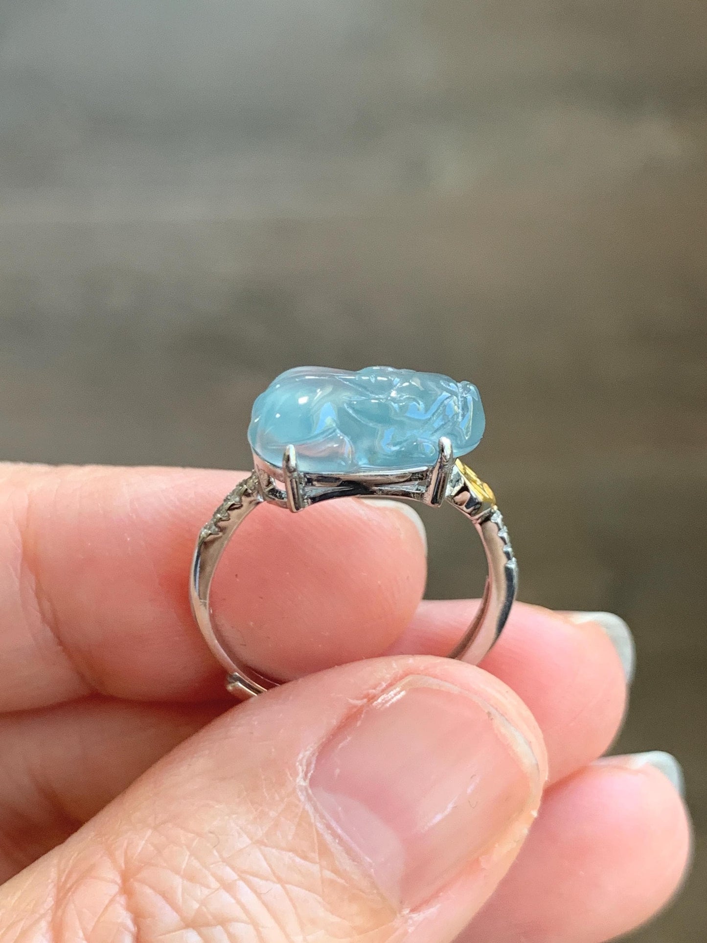 Natural Grade A Guatemalan Icy Highly Translucent Teal Jade Jadeite Pixiu Ring Sterling Silver Size 7 US Adjustable 天然冰危浅蓝翡翠貔貅银镶戒指 WLP96B
