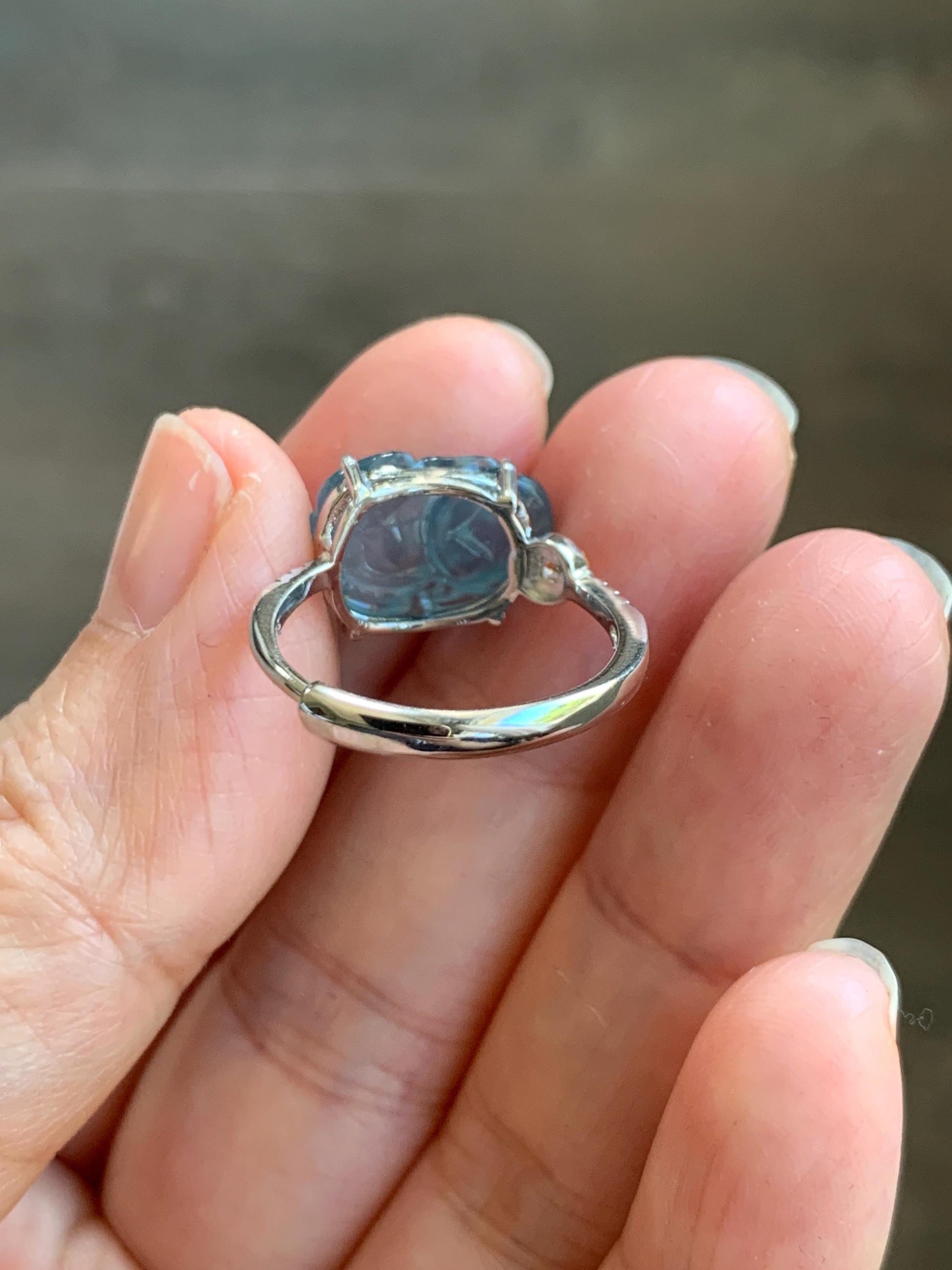 Natural Grade A Guatemalan Icy Highly Translucent Teal Jade Jadeite Pixiu Ring Sterling Silver Size 7 US Adjustable 天然冰危浅蓝翡翠貔貅银镶戒指 WLP96B