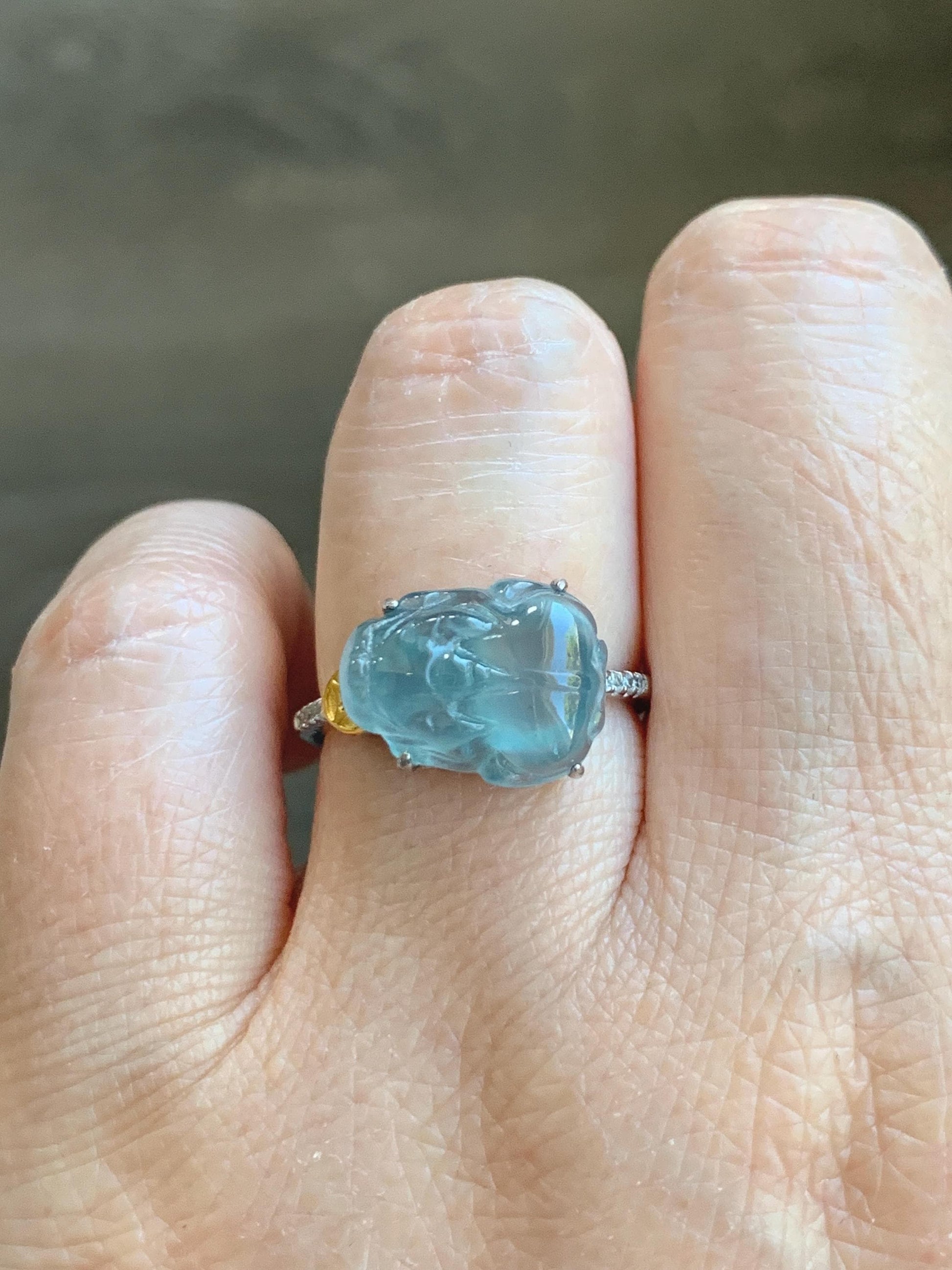 Natural Grade A Guatemalan Icy Highly Translucent Teal Jade Jadeite Pixiu Ring Sterling Silver Size 7 US Adjustable 天然冰危浅蓝翡翠貔貅银镶戒指 WLP96B
