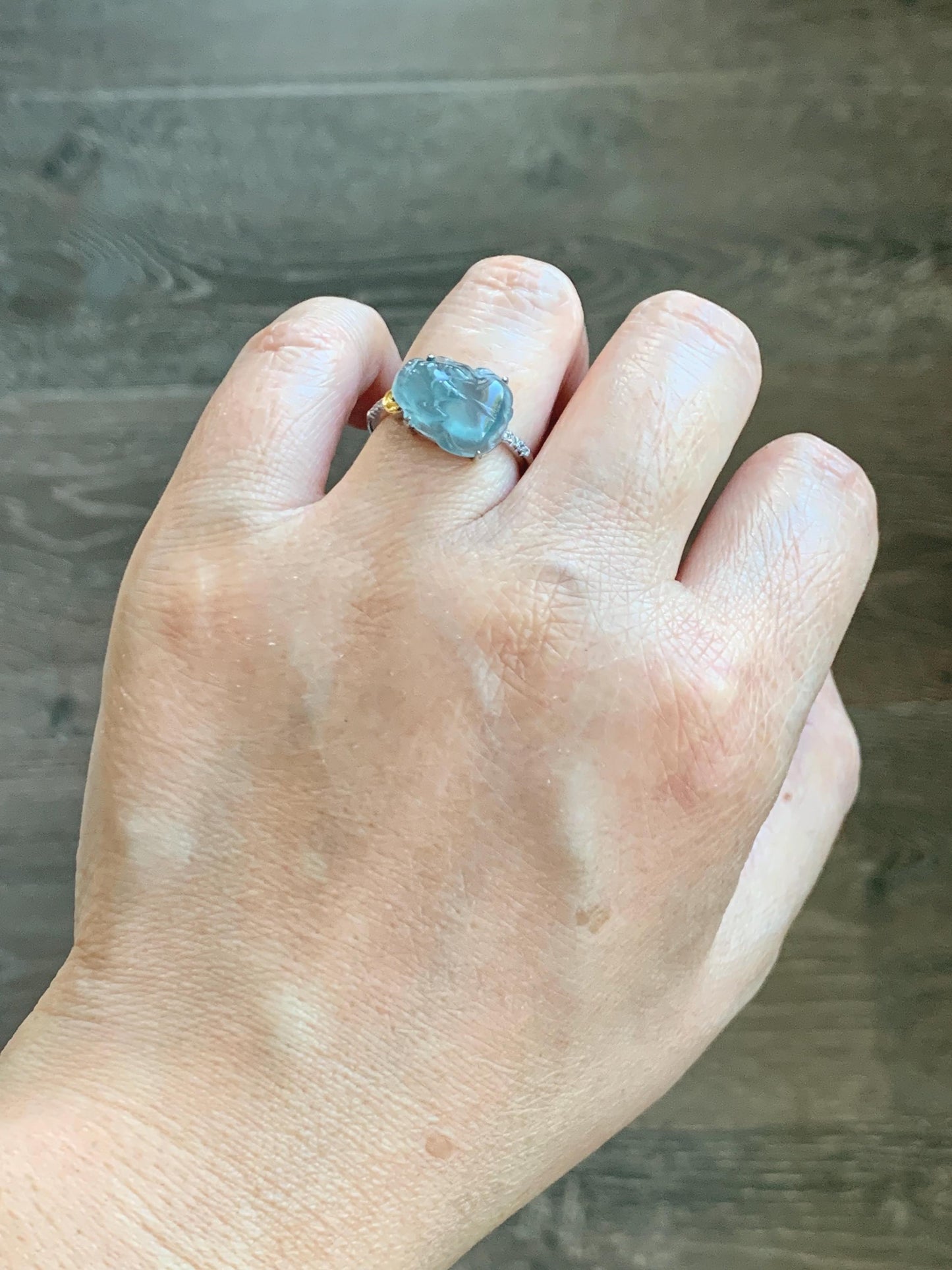 Natural Grade A Guatemalan Icy Highly Translucent Teal Jade Jadeite Pixiu Ring Sterling Silver Size 7 US Adjustable 天然冰危浅蓝翡翠貔貅银镶戒指 WLP96B