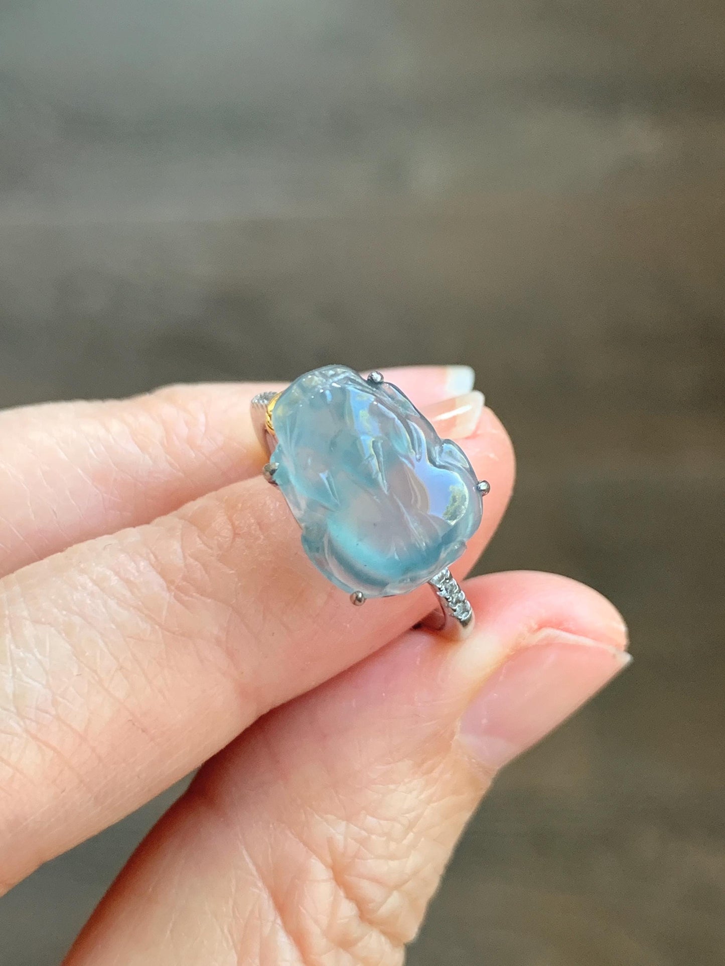 Natural Grade A Guatemalan Icy Highly Translucent Teal Jade Jadeite Pixiu Ring Sterling Silver Size 7 US Adjustable 天然冰危浅蓝翡翠貔貅银镶戒指 WLP96B