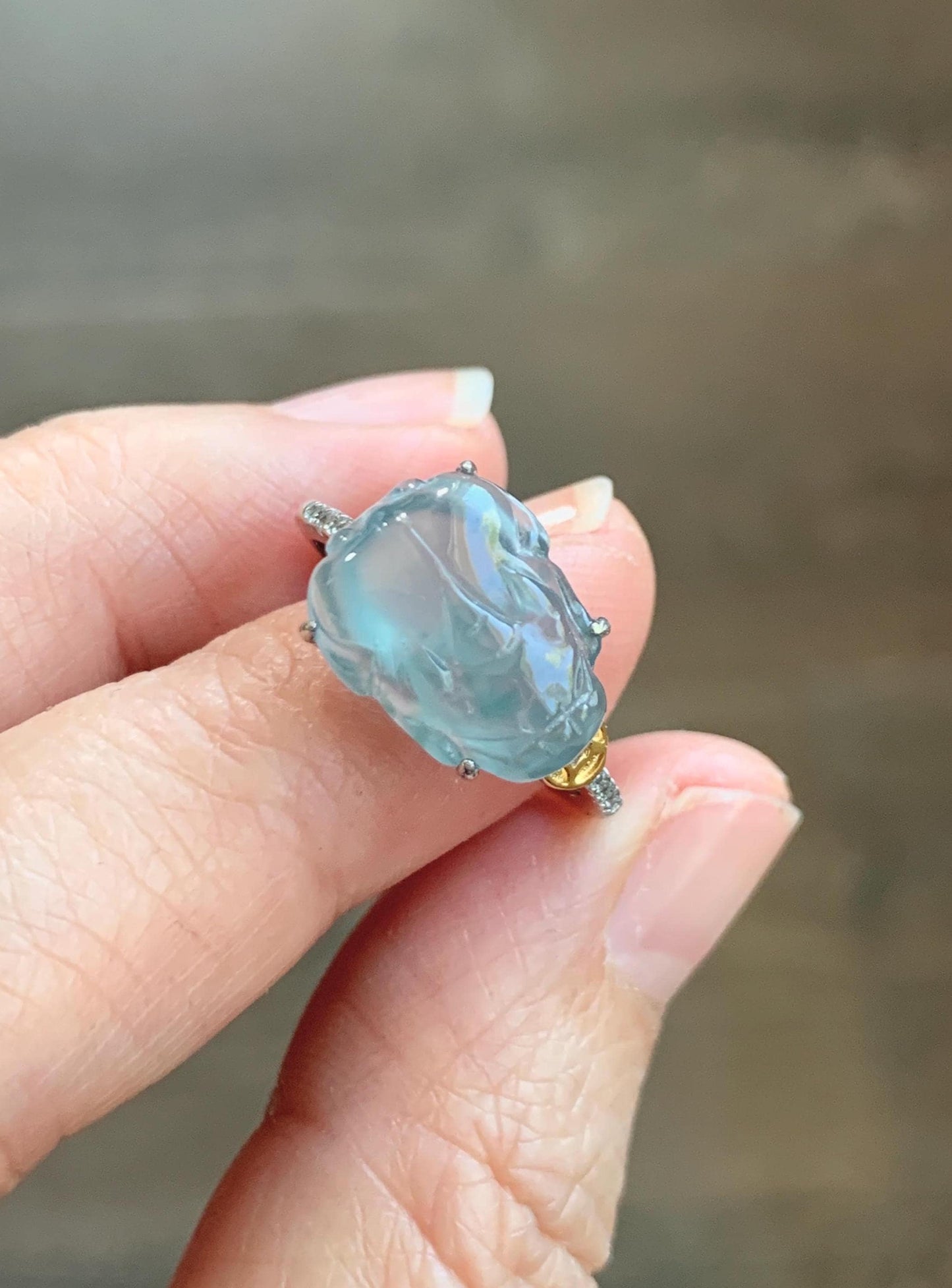 Natural Grade A Guatemalan Icy Highly Translucent Teal Jade Jadeite Pixiu Ring Sterling Silver Size 7 US Adjustable 天然冰危浅蓝翡翠貔貅银镶戒指 WLP96B