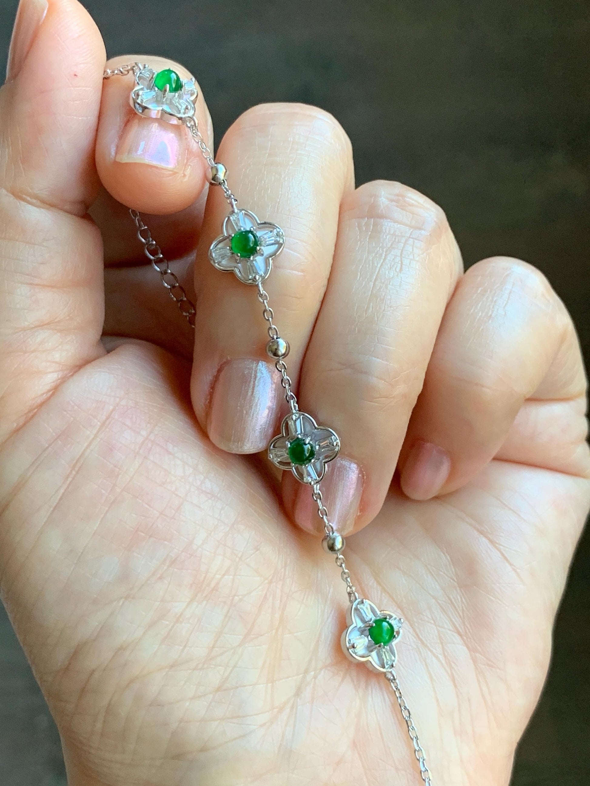Natural Guatemalan Grade A Icy Translucent Vibrant Green Jade Jadeite Clover Leaf Bracelet Sterling Silver 6.25-7.5” 天然冰危绿翡翠四叶草手链 WSY98