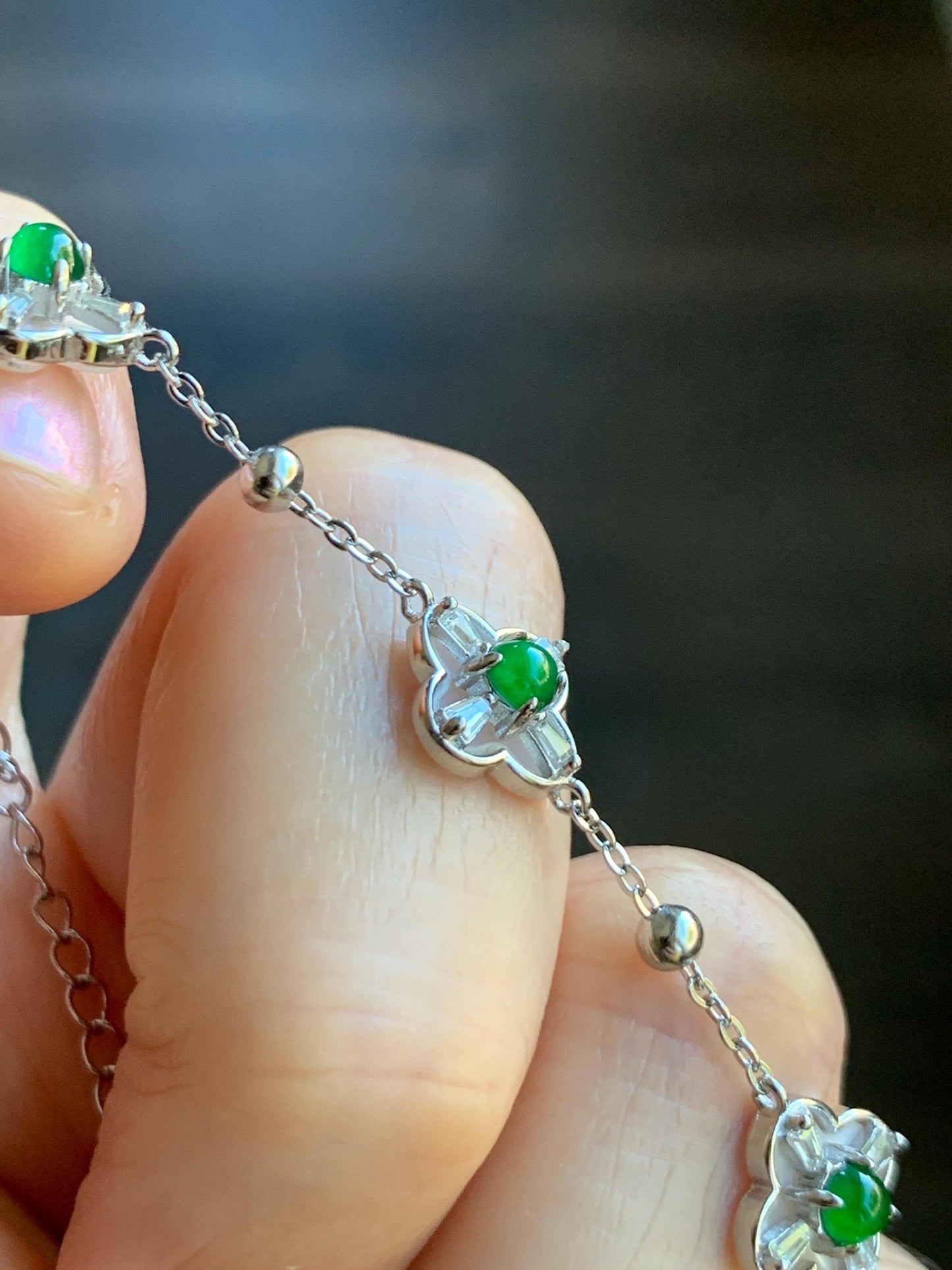 Natural Guatemalan Grade A Icy Translucent Vibrant Green Jade Jadeite Clover Leaf Bracelet Sterling Silver 6.25-7.5” 天然冰危绿翡翠四叶草手链 WSY98