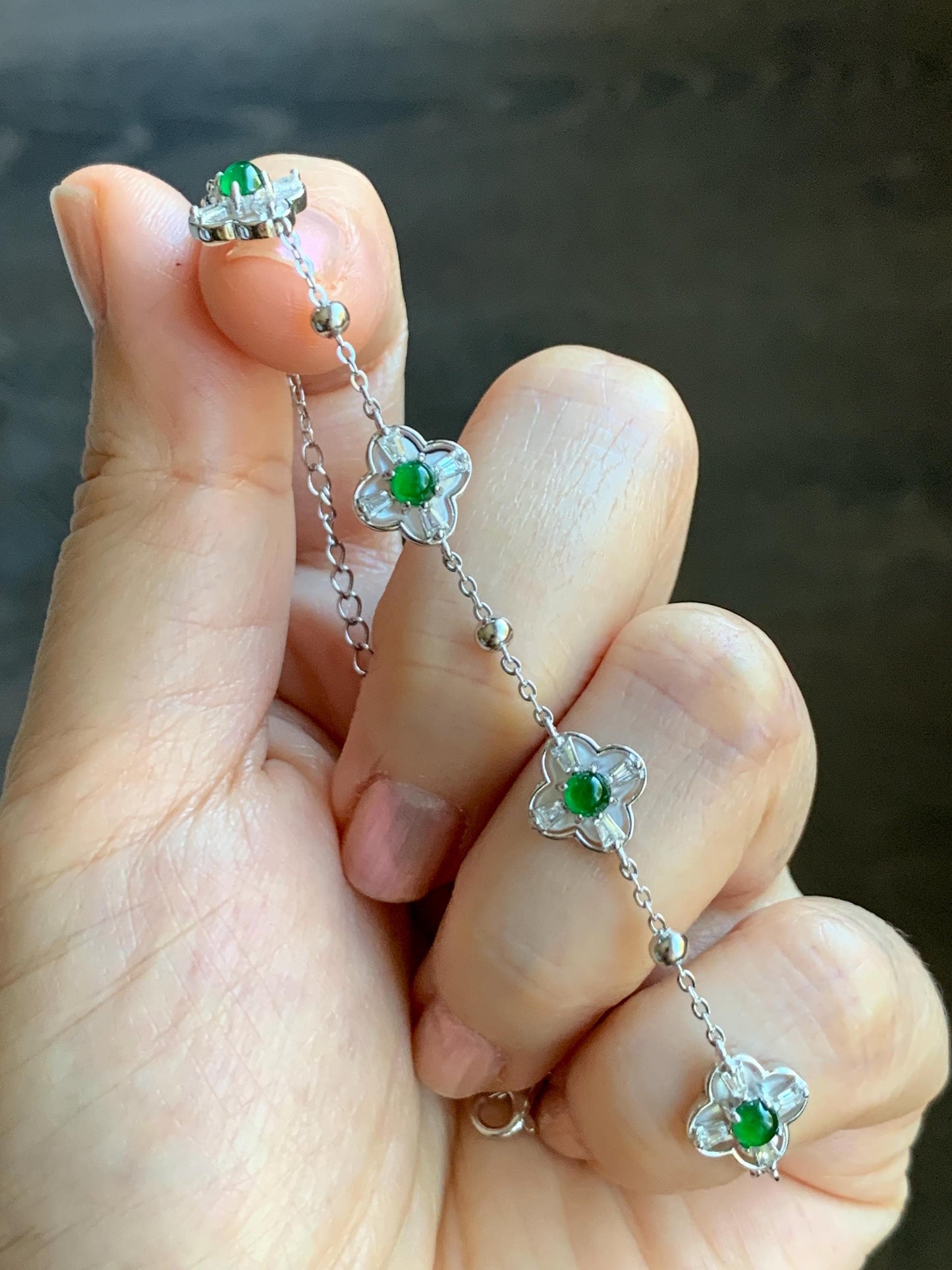 Natural Guatemalan Grade A Icy Translucent Vibrant Green Jade Jadeite Clover Leaf Bracelet Sterling Silver 6.25-7.5” 天然冰危绿翡翠四叶草手链 WSY98