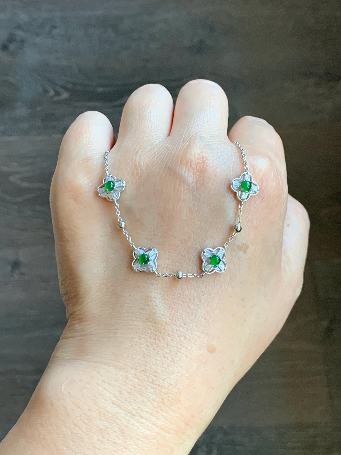 Natural Guatemalan Grade A Icy Translucent Vibrant Green Jade Jadeite Clover Leaf Bracelet Sterling Silver 6.25-7.5” 天然冰危绿翡翠四叶草手链 WSY98