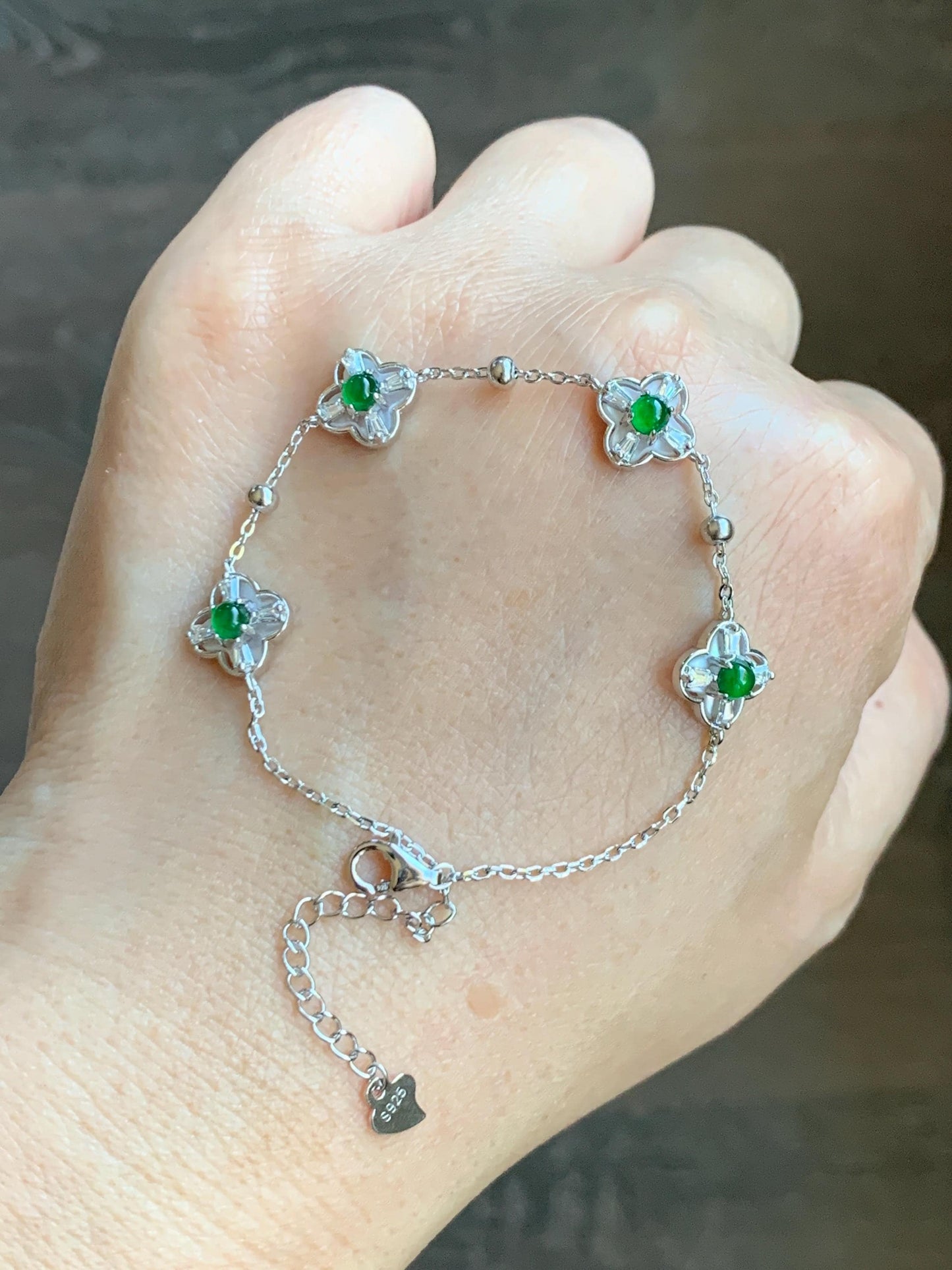 Natural Guatemalan Grade A Icy Translucent Vibrant Green Jade Jadeite Clover Leaf Bracelet Sterling Silver 6.25-7.5” 天然冰危绿翡翠四叶草手链 WSY98