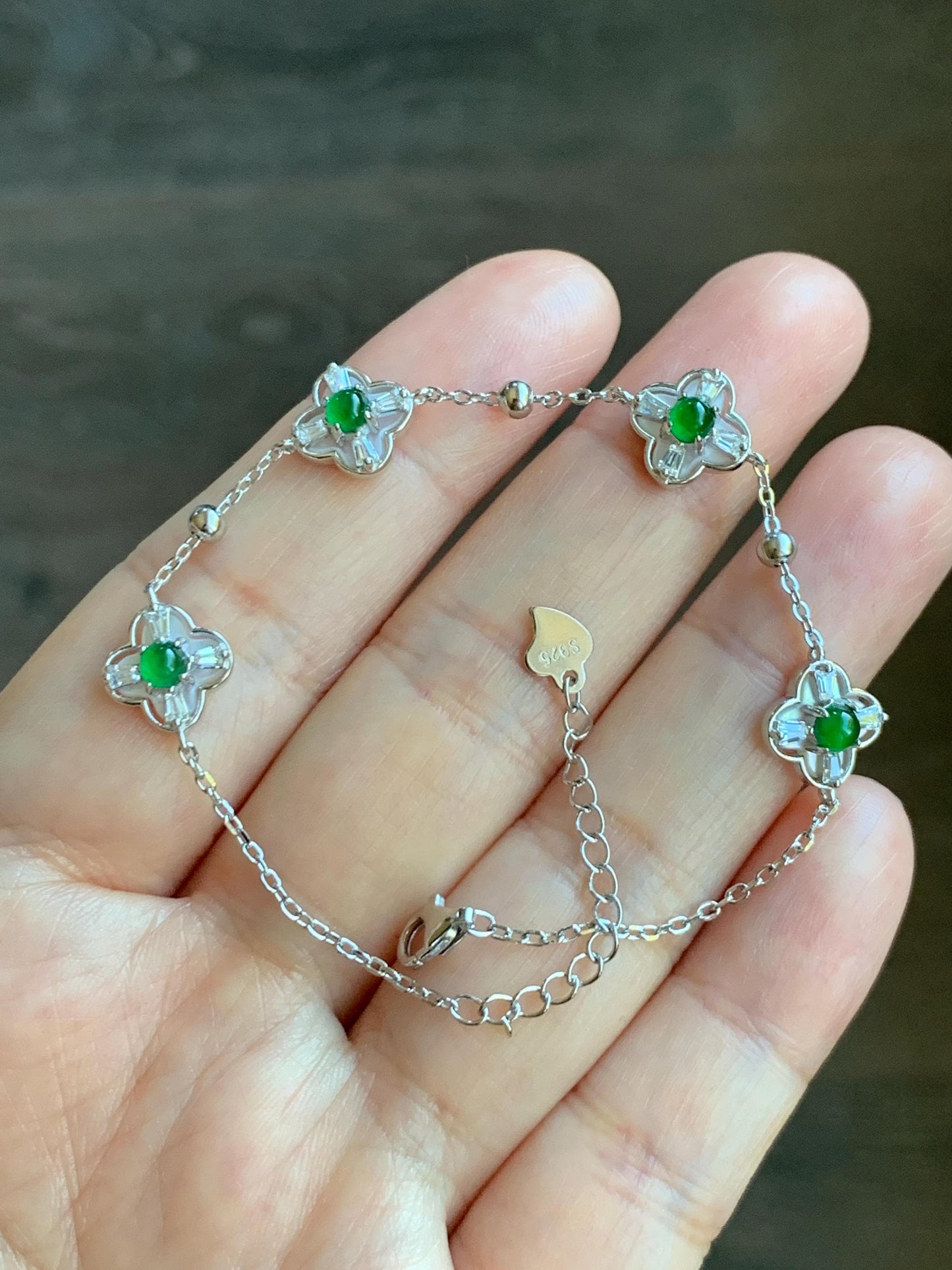 Natural Guatemalan Grade A Icy Translucent Vibrant Green Jade Jadeite Clover Leaf Bracelet Sterling Silver 6.25-7.5” 天然冰危绿翡翠四叶草手链 WSY98