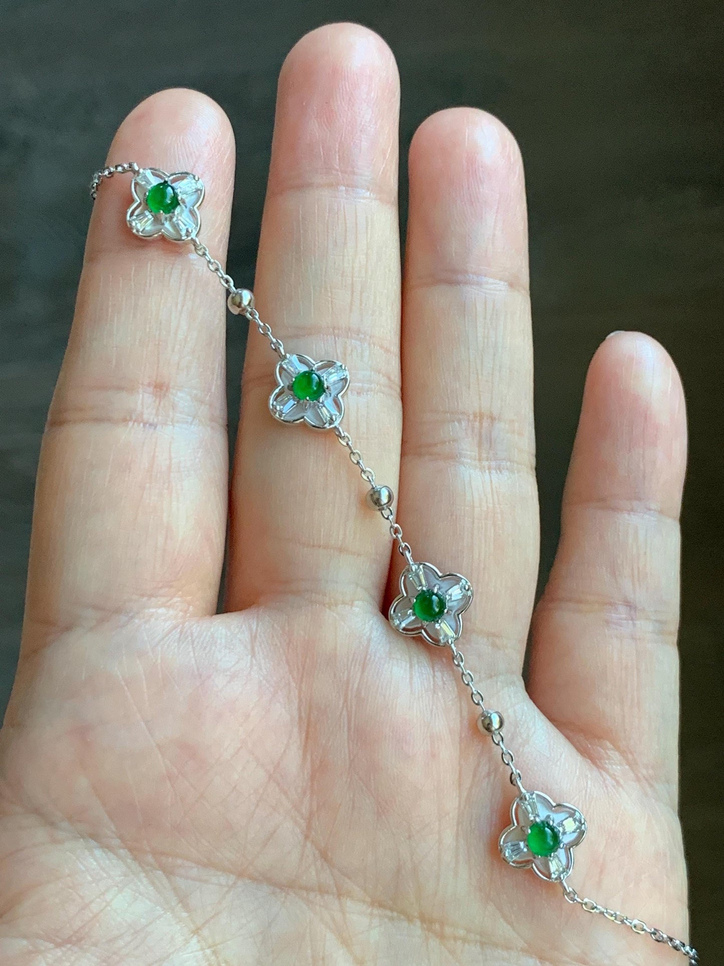 Natural Guatemalan Grade A Icy Translucent Vibrant Green Jade Jadeite Clover Leaf Bracelet Sterling Silver 6.25-7.5” 天然冰危绿翡翠四叶草手链 WSY98