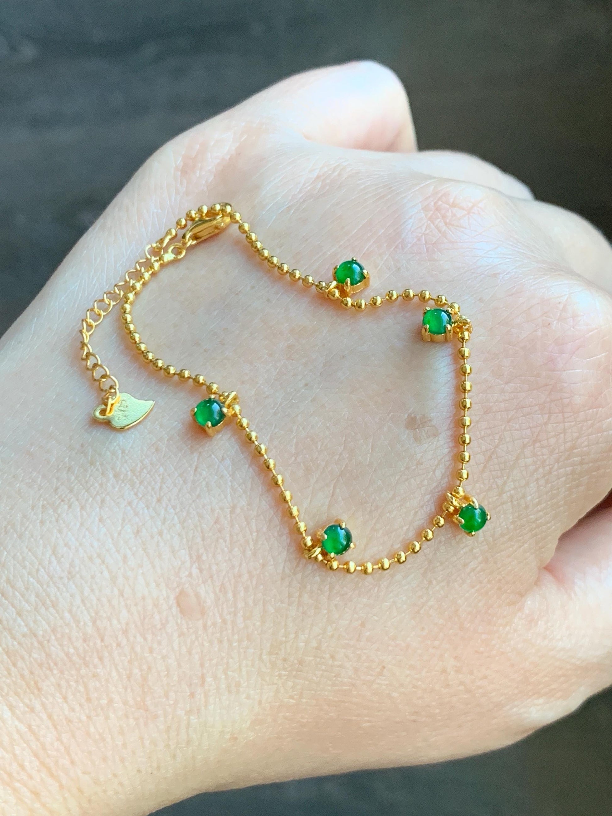 Natural Guatemalan Grade A Icy Translucent Vibrant Green Jade Jadeite Beaded Chain Bracelet Sterling Silver 6.25-7.5” 天然冰危绿翡翠银镶手链 WSD90