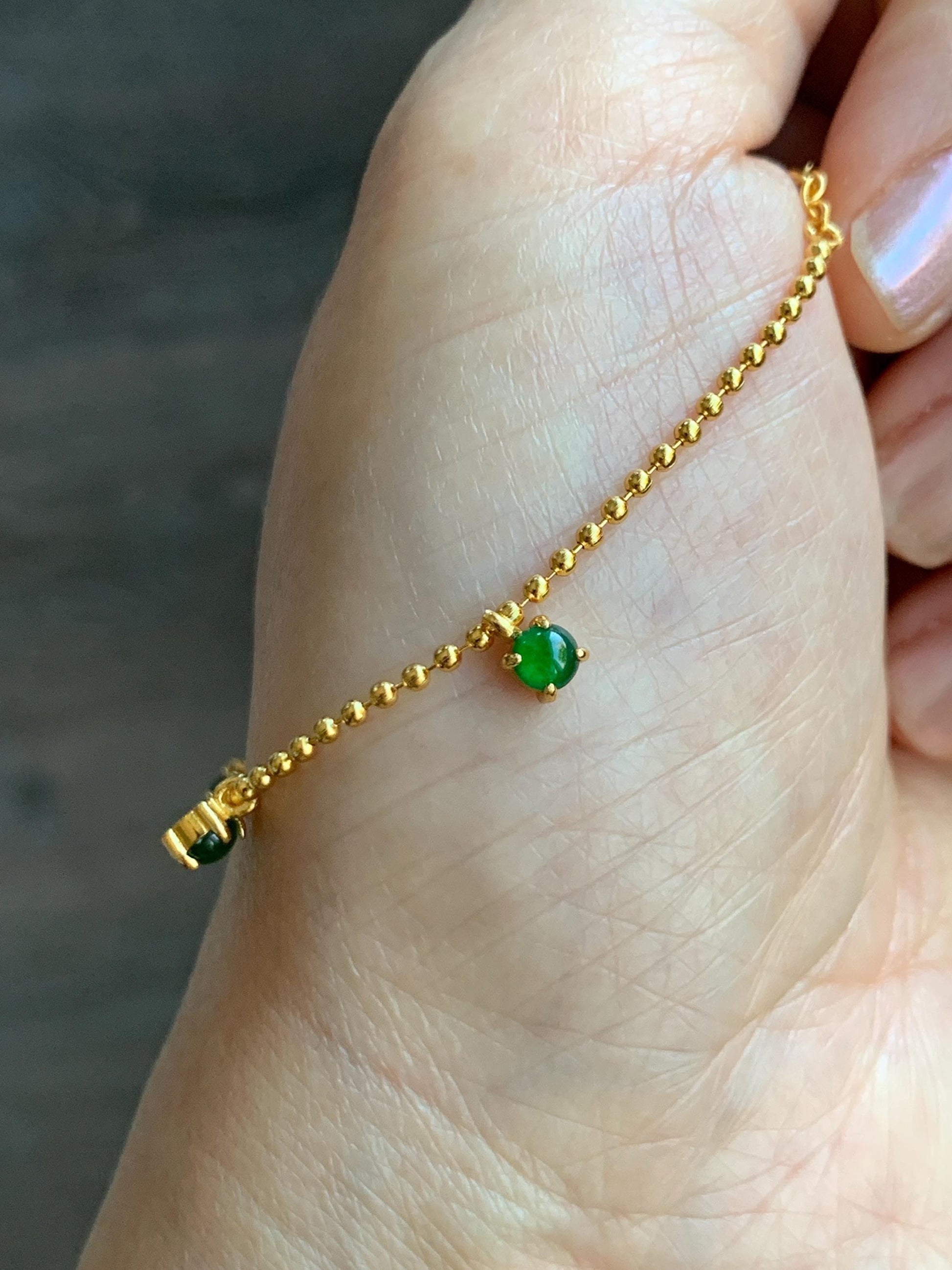 Natural Guatemalan Grade A Icy Translucent Vibrant Green Jade Jadeite Beaded Chain Bracelet Sterling Silver 6.25-7.5” 天然冰危绿翡翠银镶手链 WSD90