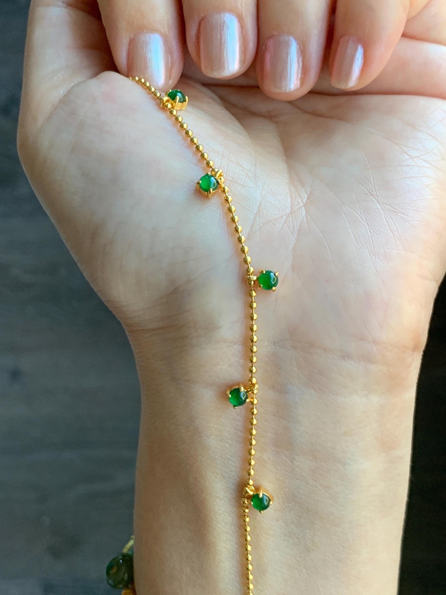 Natural Guatemalan Grade A Icy Translucent Vibrant Green Jade Jadeite Beaded Chain Bracelet Sterling Silver 6.25-7.5” 天然冰危绿翡翠银镶手链 WSD90