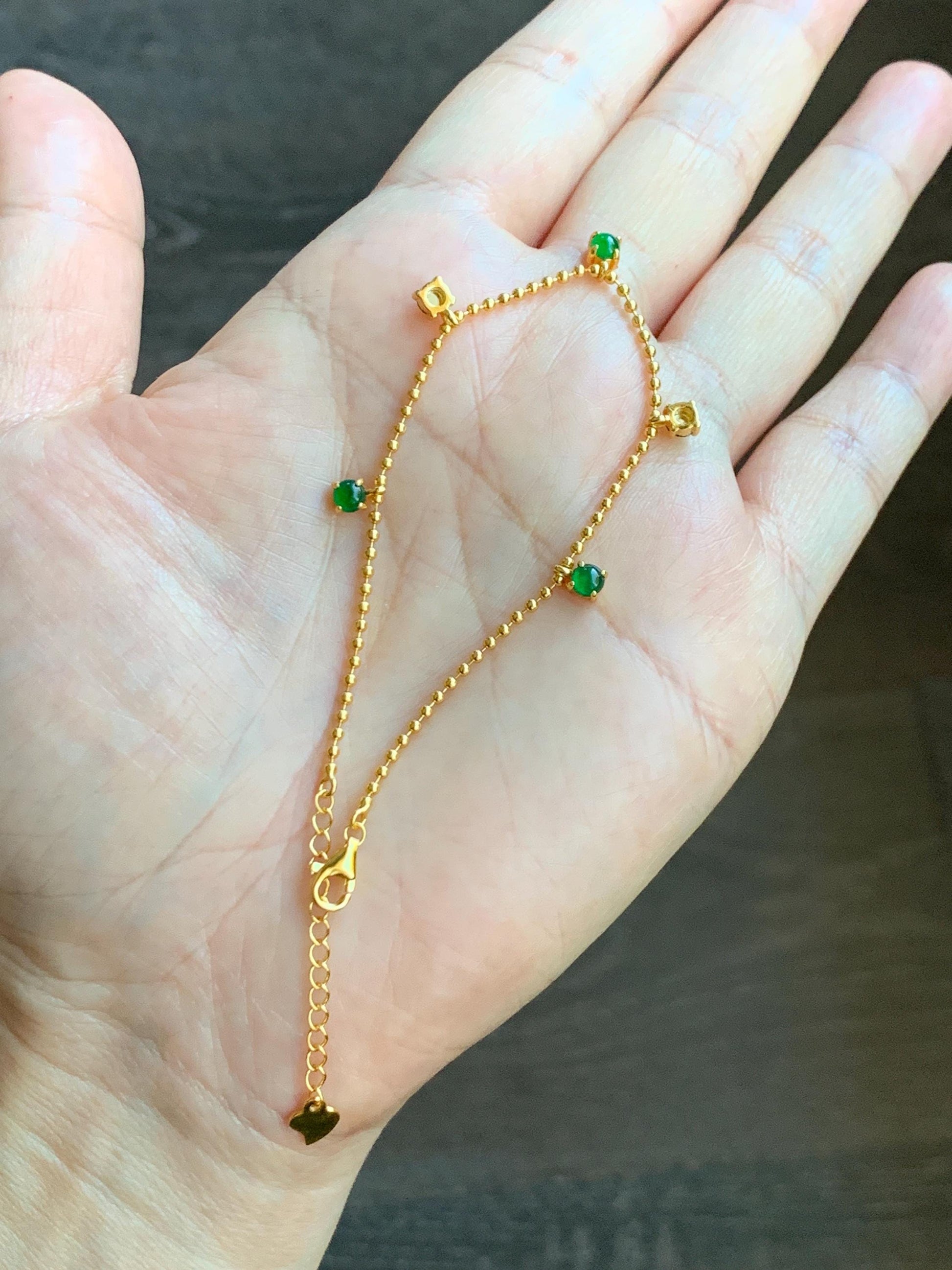 Natural Guatemalan Grade A Icy Translucent Vibrant Green Jade Jadeite Beaded Chain Bracelet Sterling Silver 6.25-7.5” 天然冰危绿翡翠银镶手链 WSD90