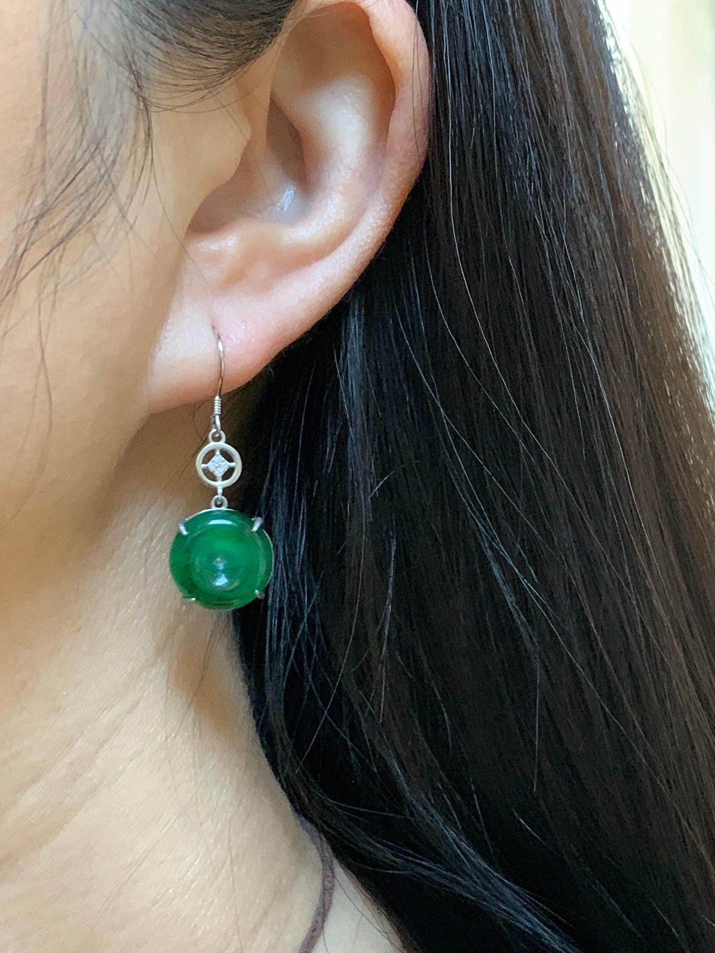 Natural Grade A Guatemalan Icy Translucent Vibrant Green Jade Jadeite Ping An Kou Donut Dangle Earrings Sterling Silver 天然冰危绿翡翠平安扣银耳钩 WDL119