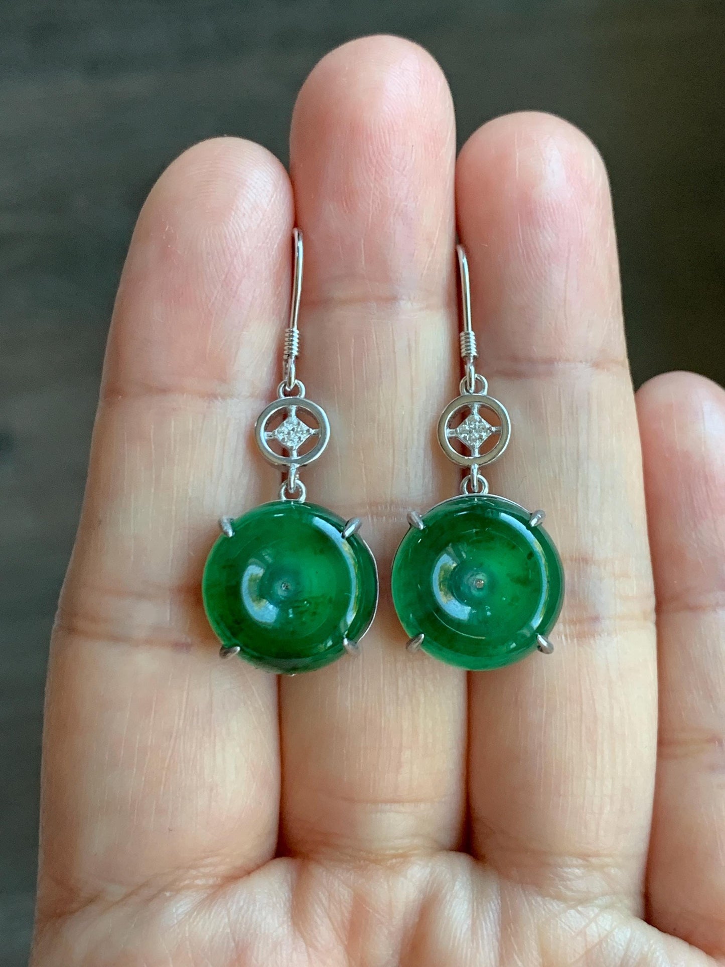 Natural Grade A Guatemalan Icy Translucent Vibrant Green Jade Jadeite Ping An Kou Donut Dangle Earrings Sterling Silver 天然冰危绿翡翠平安扣银耳钩 WDL119