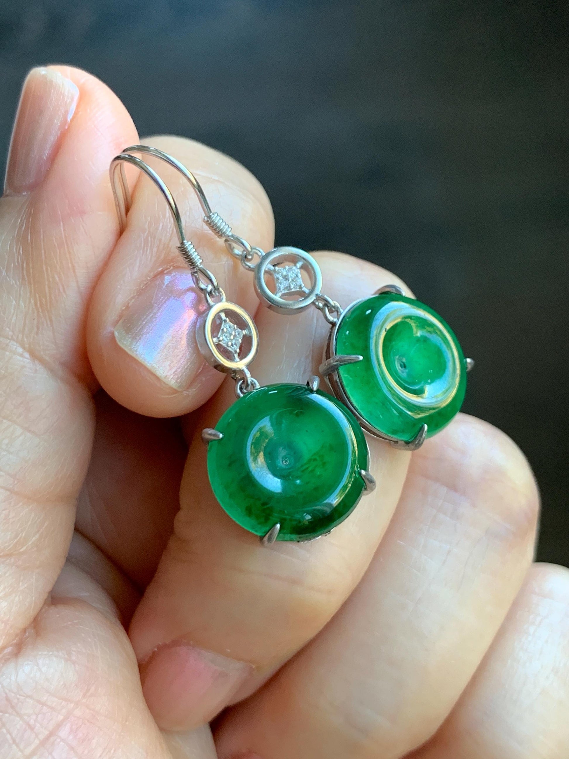 Natural Grade A Guatemalan Icy Translucent Vibrant Green Jade Jadeite Ping An Kou Donut Dangle Earrings Sterling Silver 天然冰危绿翡翠平安扣银耳钩 WDL119