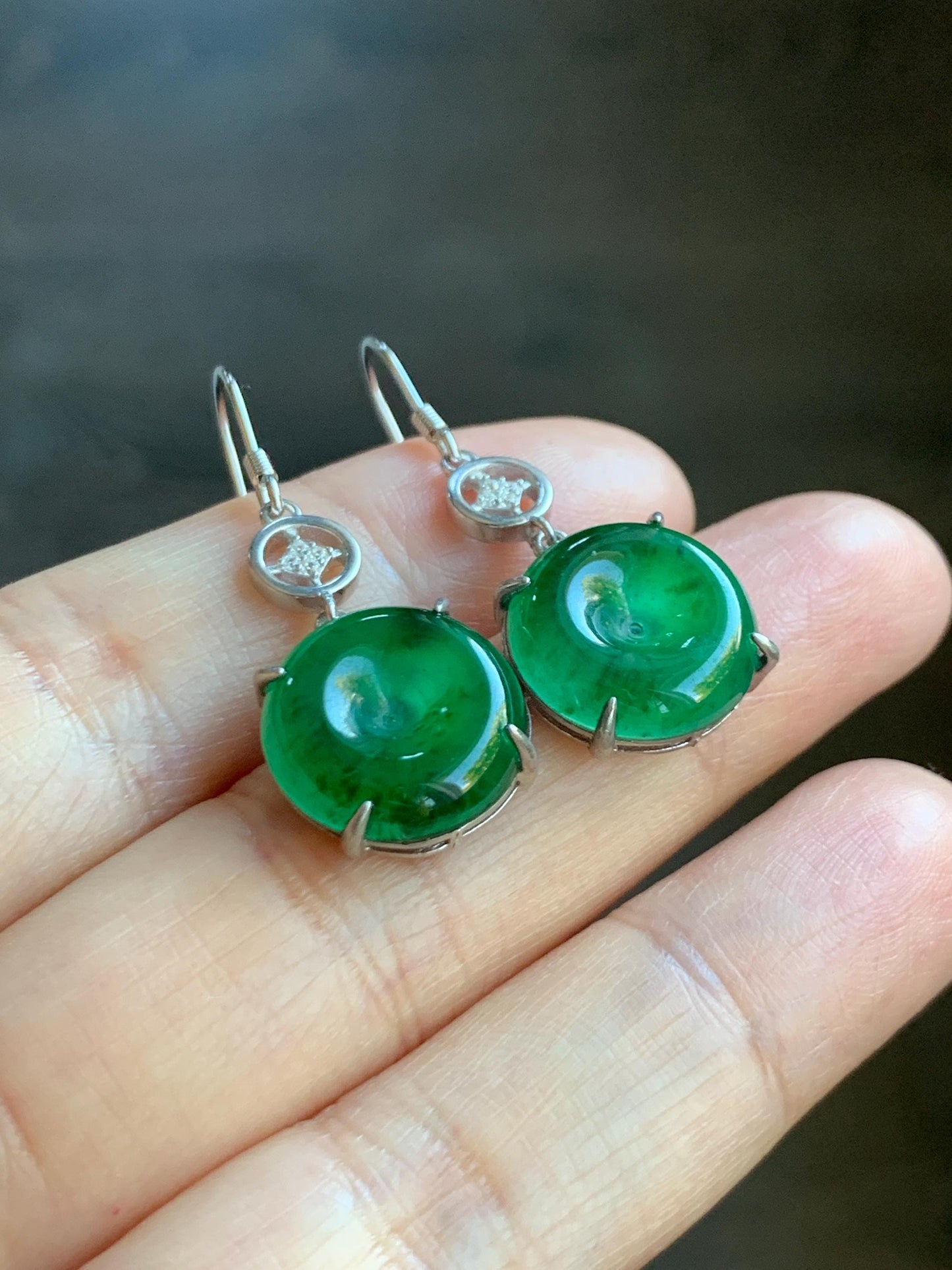 Natural Grade A Guatemalan Icy Translucent Vibrant Green Jade Jadeite Ping An Kou Donut Dangle Earrings Sterling Silver 天然冰危绿翡翠平安扣银耳钩 WDL119