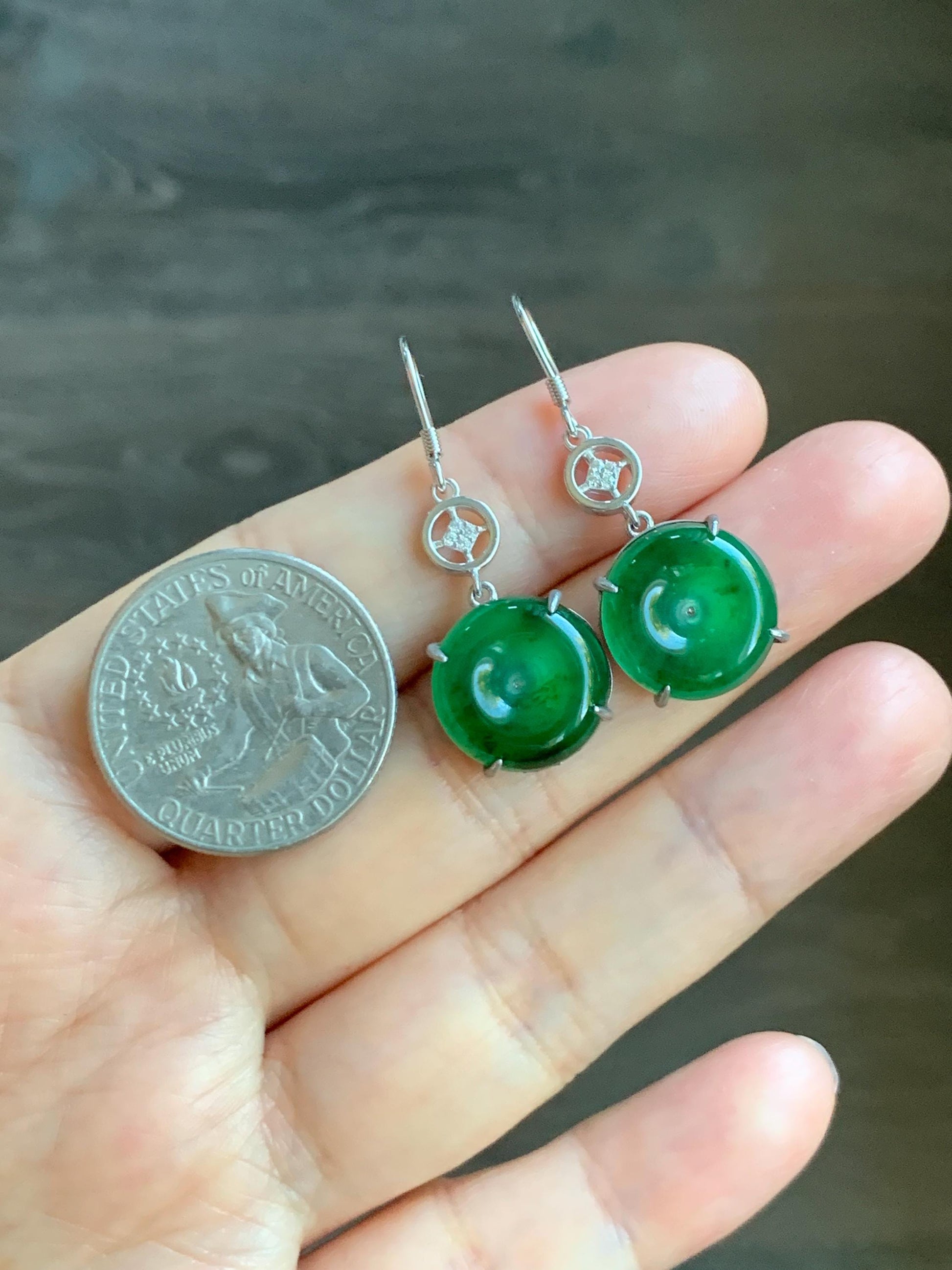 Natural Grade A Guatemalan Icy Translucent Vibrant Green Jade Jadeite Ping An Kou Donut Dangle Earrings Sterling Silver 天然冰危绿翡翠平安扣银耳钩 WDL119