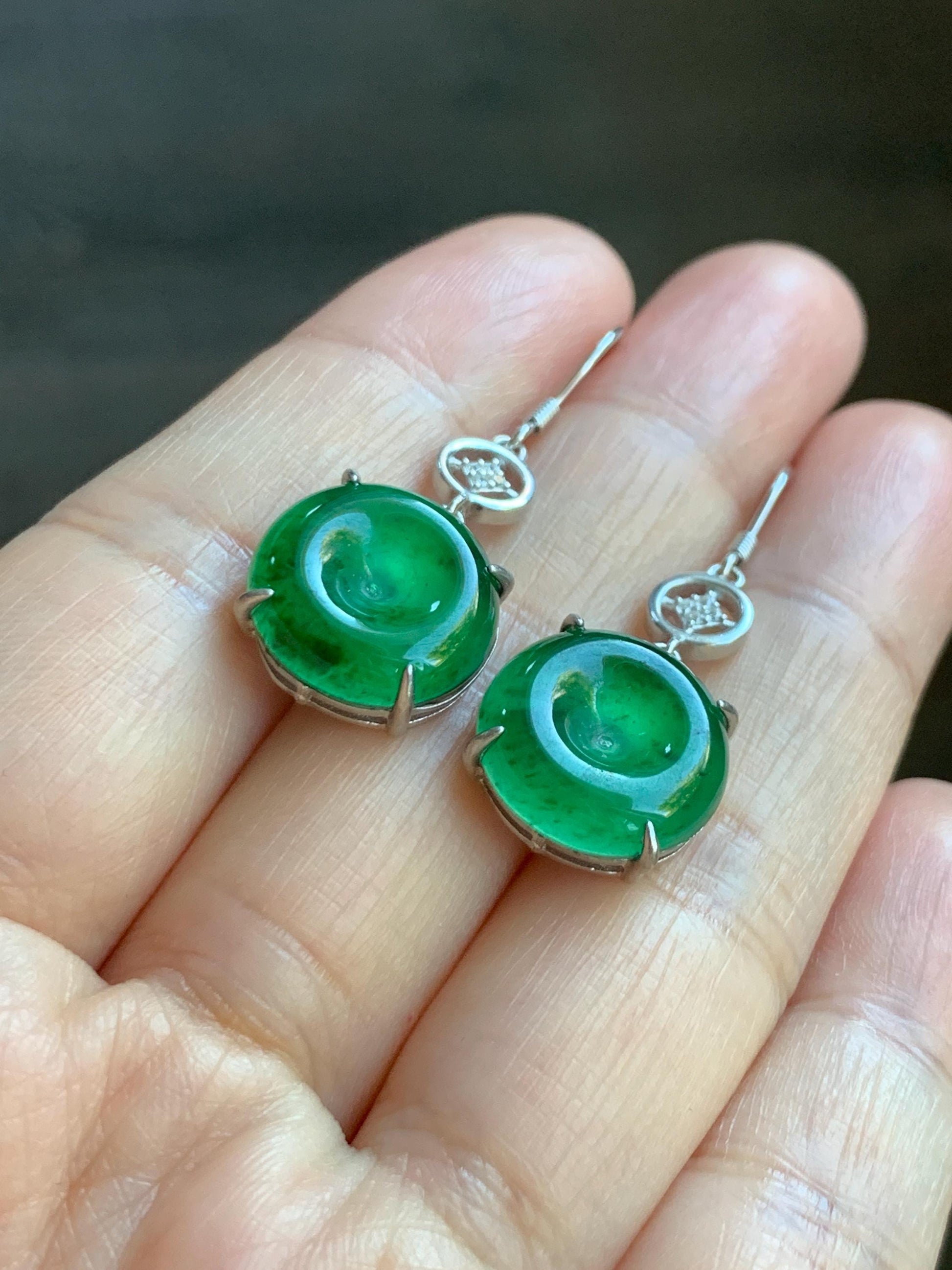 Natural Grade A Guatemalan Icy Translucent Vibrant Green Jade Jadeite Ping An Kou Donut Dangle Earrings Sterling Silver 天然冰危绿翡翠平安扣银耳钩 WDL119