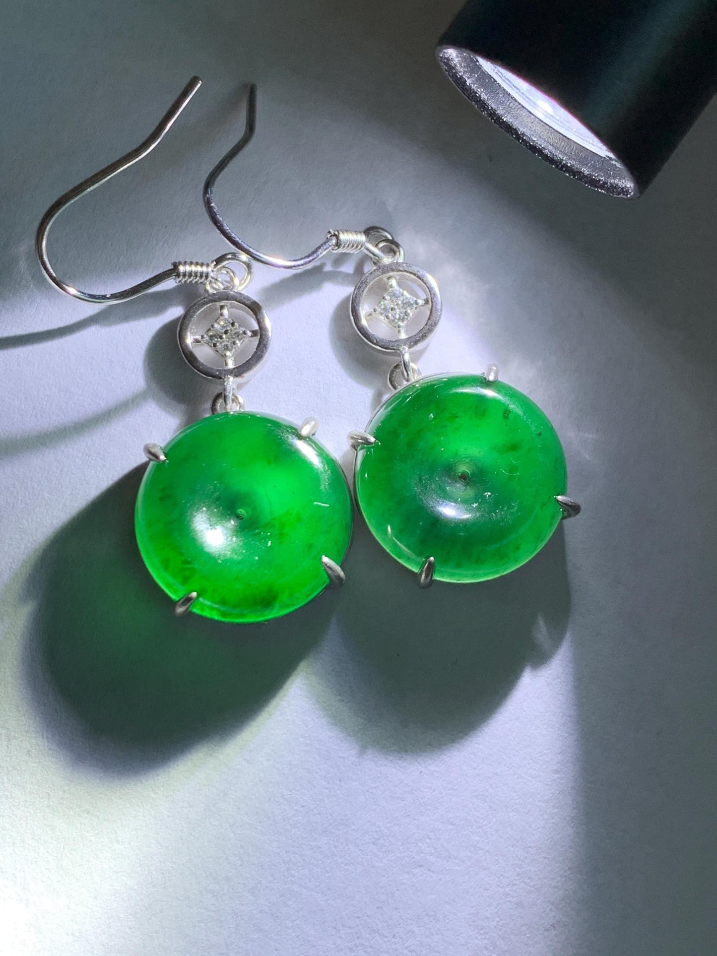 Natural Grade A Guatemalan Icy Translucent Vibrant Green Jade Jadeite Ping An Kou Donut Dangle Earrings Sterling Silver 天然冰危绿翡翠平安扣银耳钩 WDL119