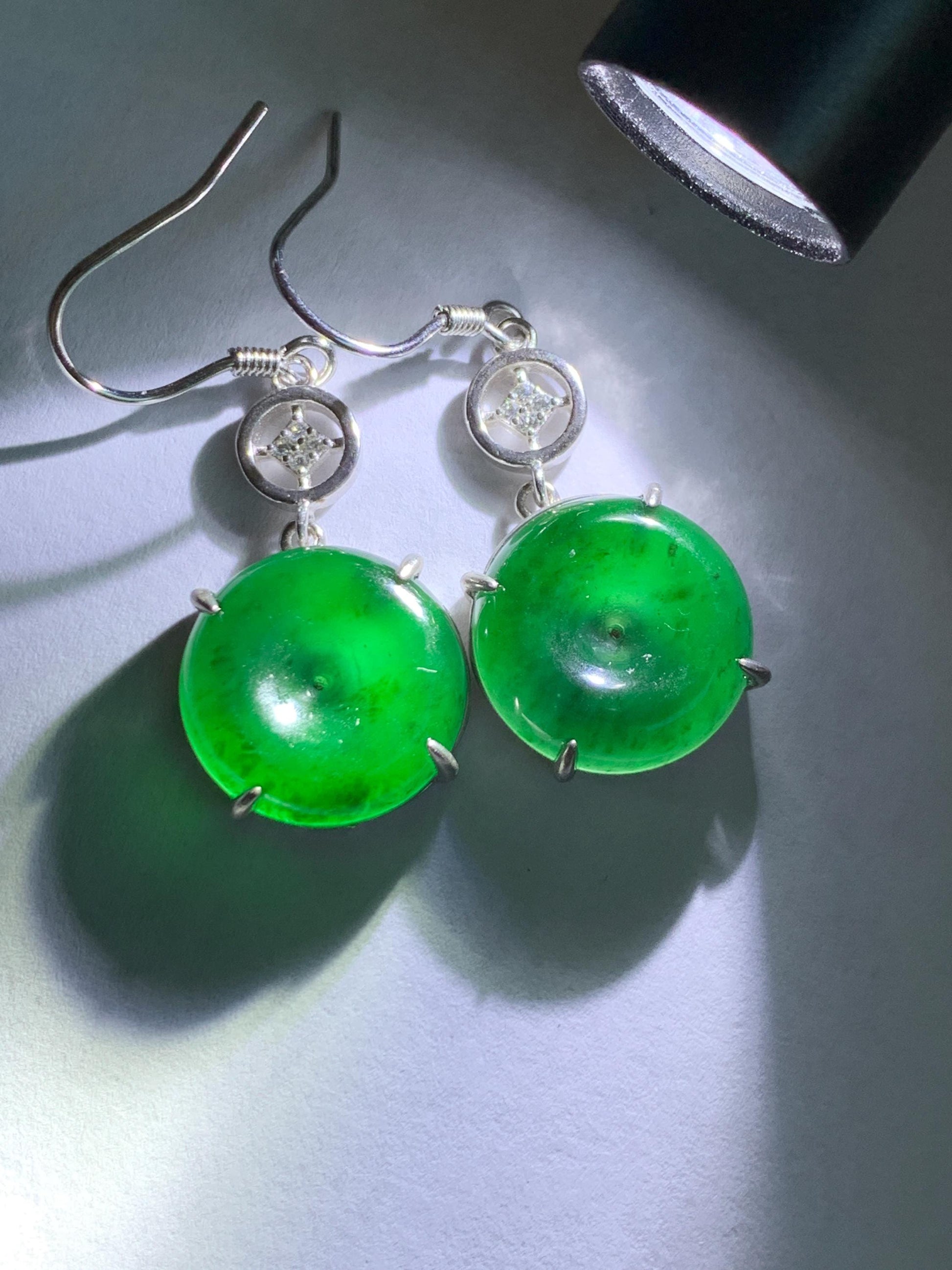 Natural Grade A Guatemalan Icy Translucent Vibrant Green Jade Jadeite Ping An Kou Donut Dangle Earrings Sterling Silver 天然冰危绿翡翠平安扣银耳钩 WDL119