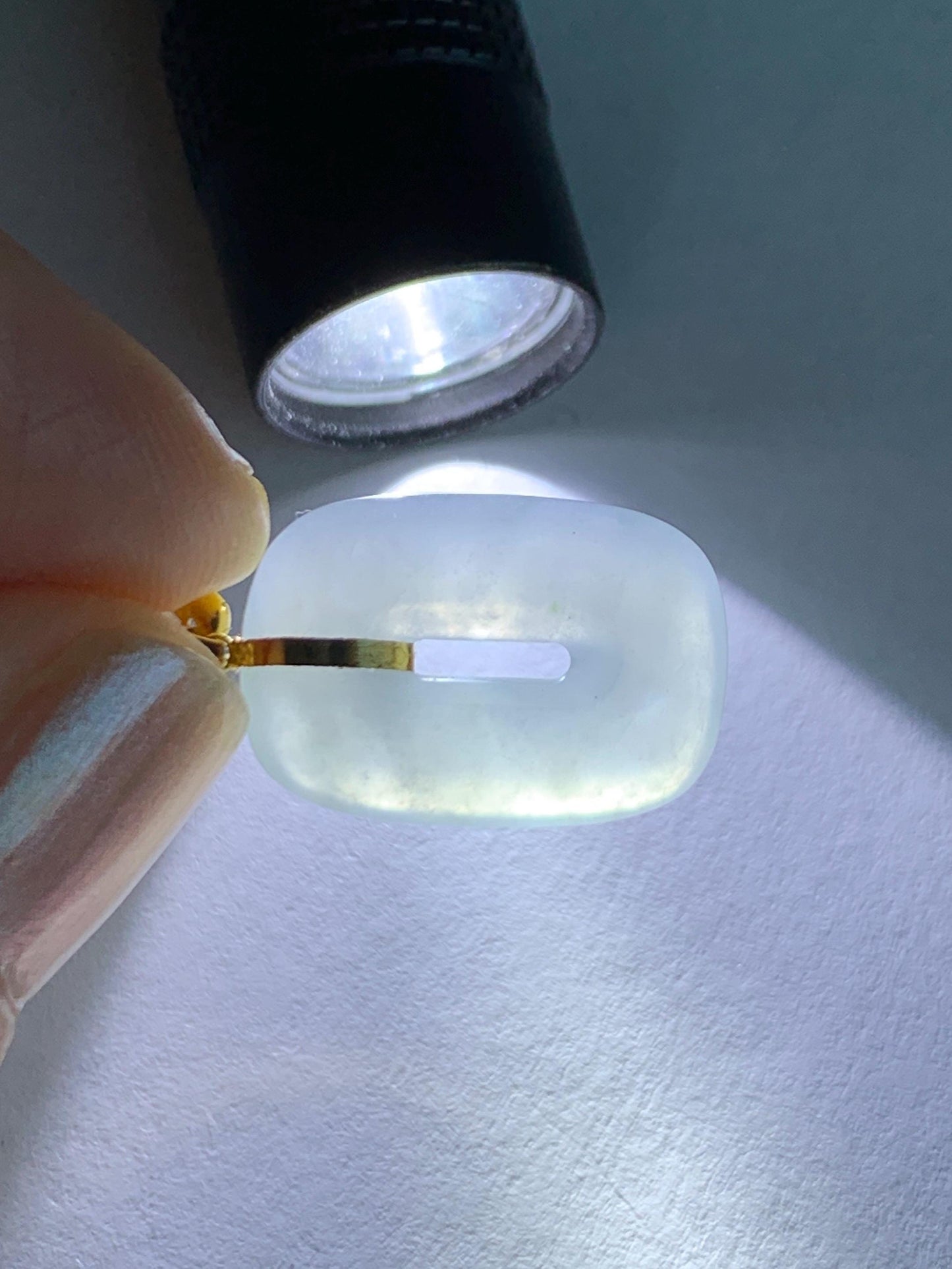 Certified Natural Grade A Icy Highly Translucent White Jade Jadeite Ping An Kou Donut Pendant 18K Yellow Gold 天然冰胶白翡翠平安扣镶嵌吊坠 098