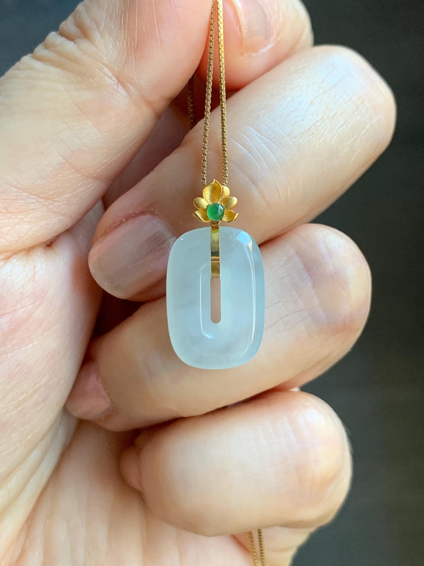 Certified Natural Grade A Icy Highly Translucent White Jade Jadeite Ping An Kou Donut Pendant 18K Yellow Gold 天然冰胶白翡翠平安扣镶嵌吊坠 098