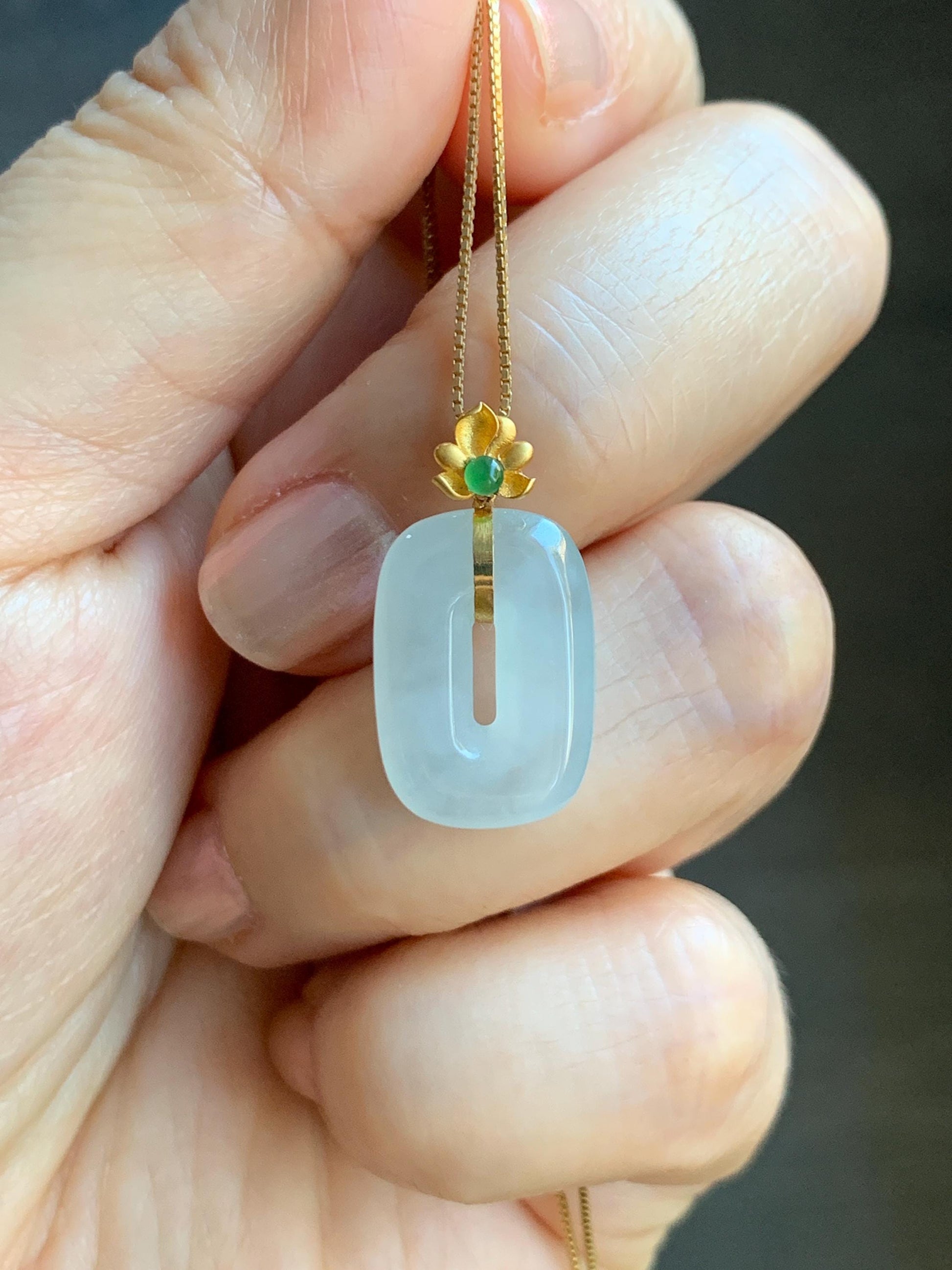Certified Natural Grade A Icy Highly Translucent White Jade Jadeite Ping An Kou Donut Pendant 18K Yellow Gold 天然冰胶白翡翠平安扣镶嵌吊坠 098