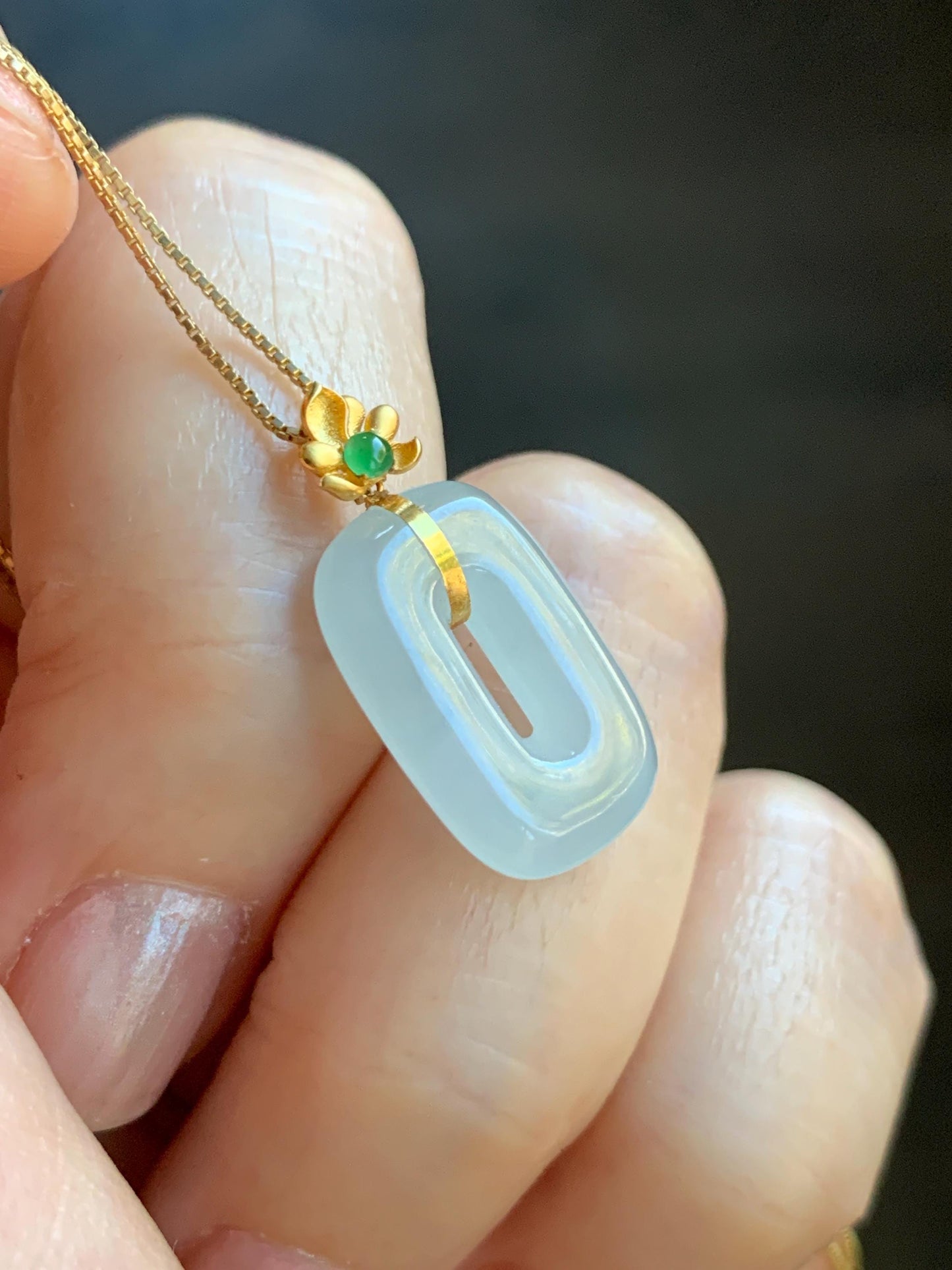 Certified Natural Grade A Icy Highly Translucent White Jade Jadeite Ping An Kou Donut Pendant 18K Yellow Gold 天然冰胶白翡翠平安扣镶嵌吊坠 098