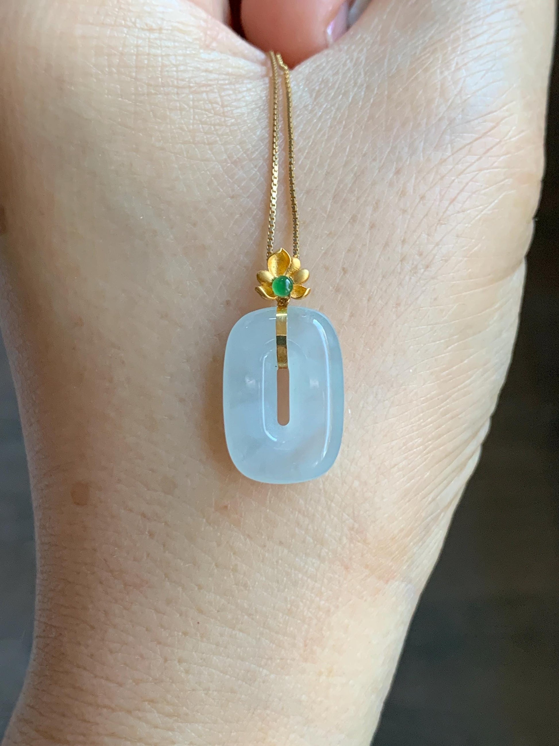 Certified Natural Grade A Icy Highly Translucent White Jade Jadeite Ping An Kou Donut Pendant 18K Yellow Gold 天然冰胶白翡翠平安扣镶嵌吊坠 098