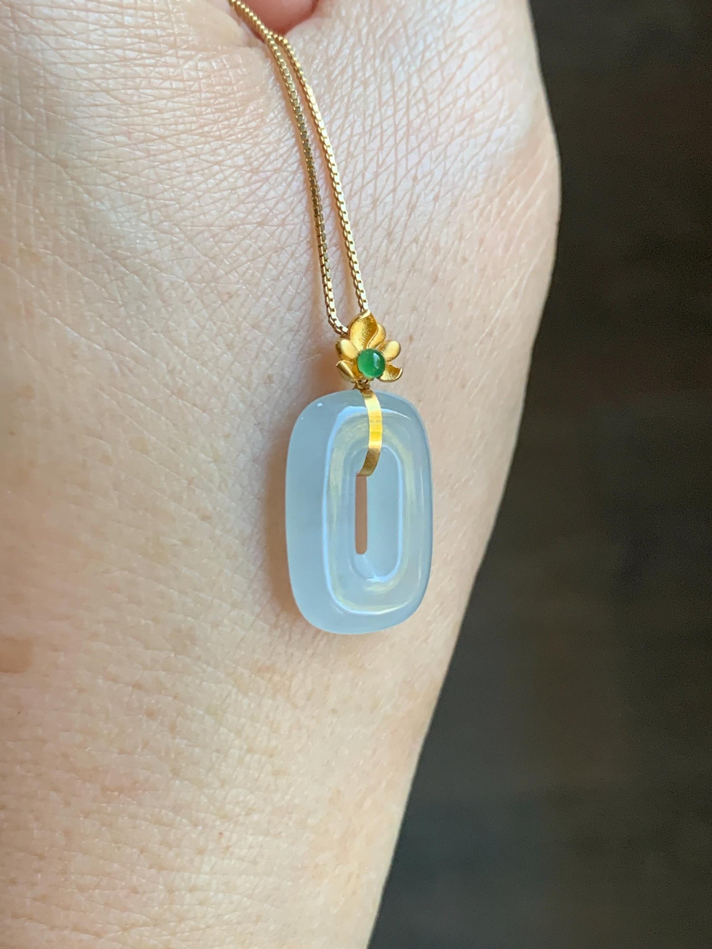 Certified Natural Grade A Icy Highly Translucent White Jade Jadeite Ping An Kou Donut Pendant 18K Yellow Gold 天然冰胶白翡翠平安扣镶嵌吊坠 098