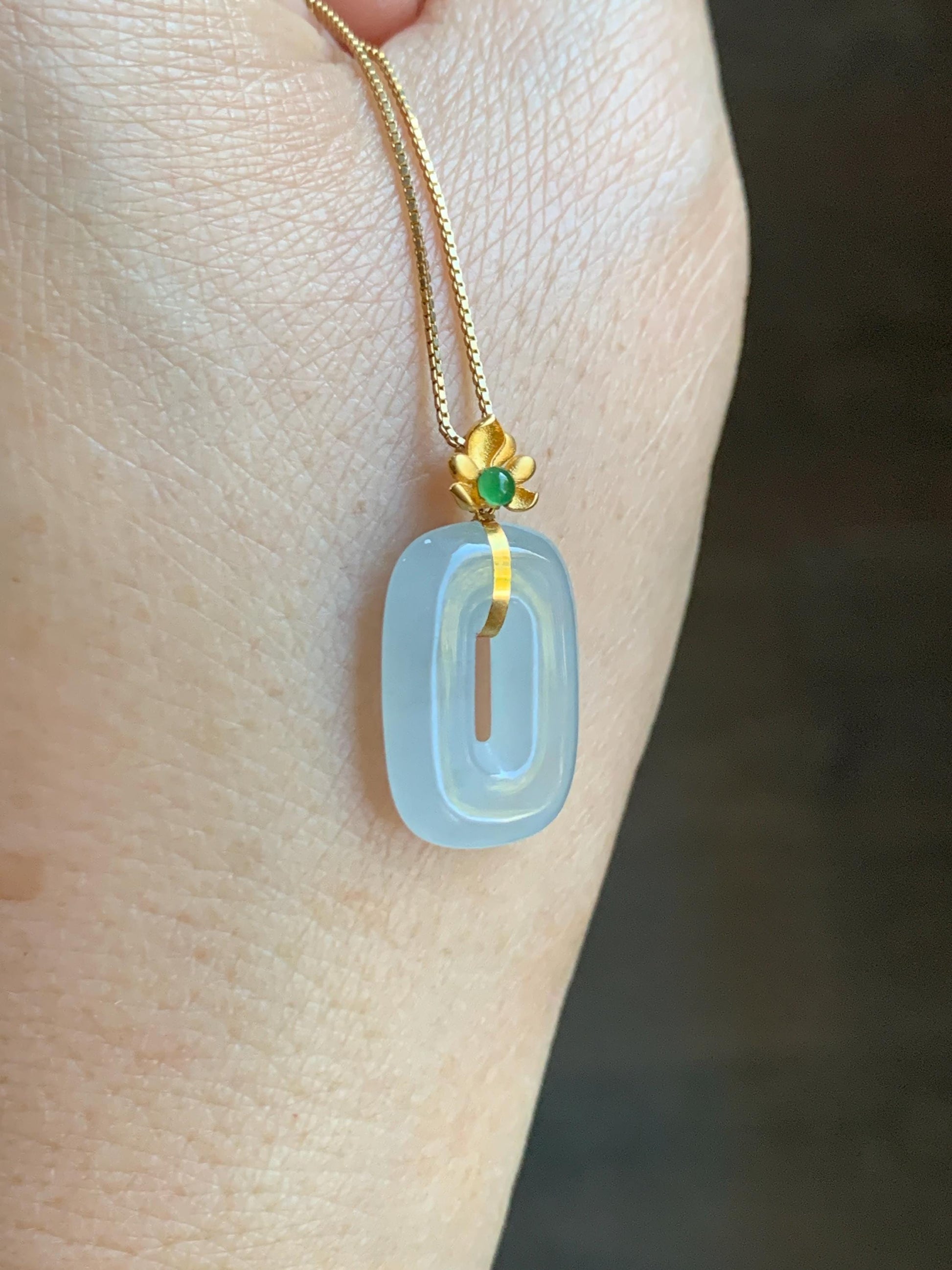 Certified Natural Grade A Icy Highly Translucent White Jade Jadeite Ping An Kou Donut Pendant 18K Yellow Gold 天然冰胶白翡翠平安扣镶嵌吊坠 098