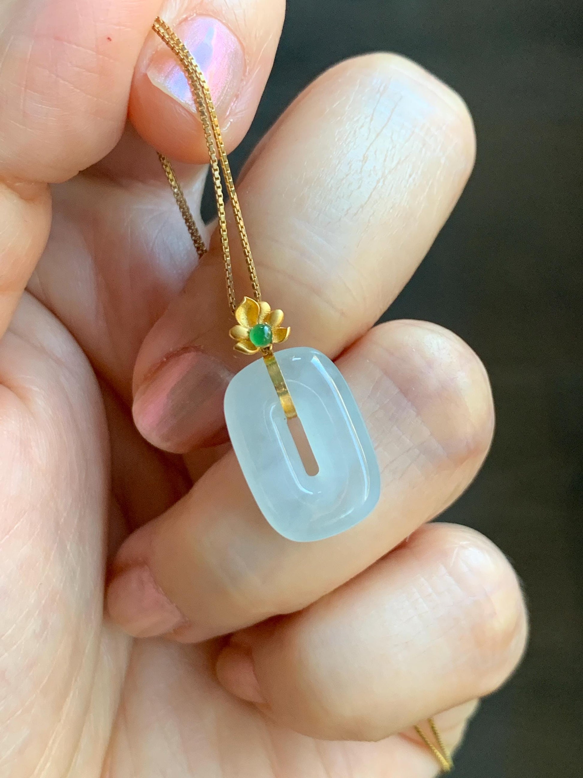 Certified Natural Grade A Icy Highly Translucent White Jade Jadeite Ping An Kou Donut Pendant 18K Yellow Gold 天然冰胶白翡翠平安扣镶嵌吊坠 098