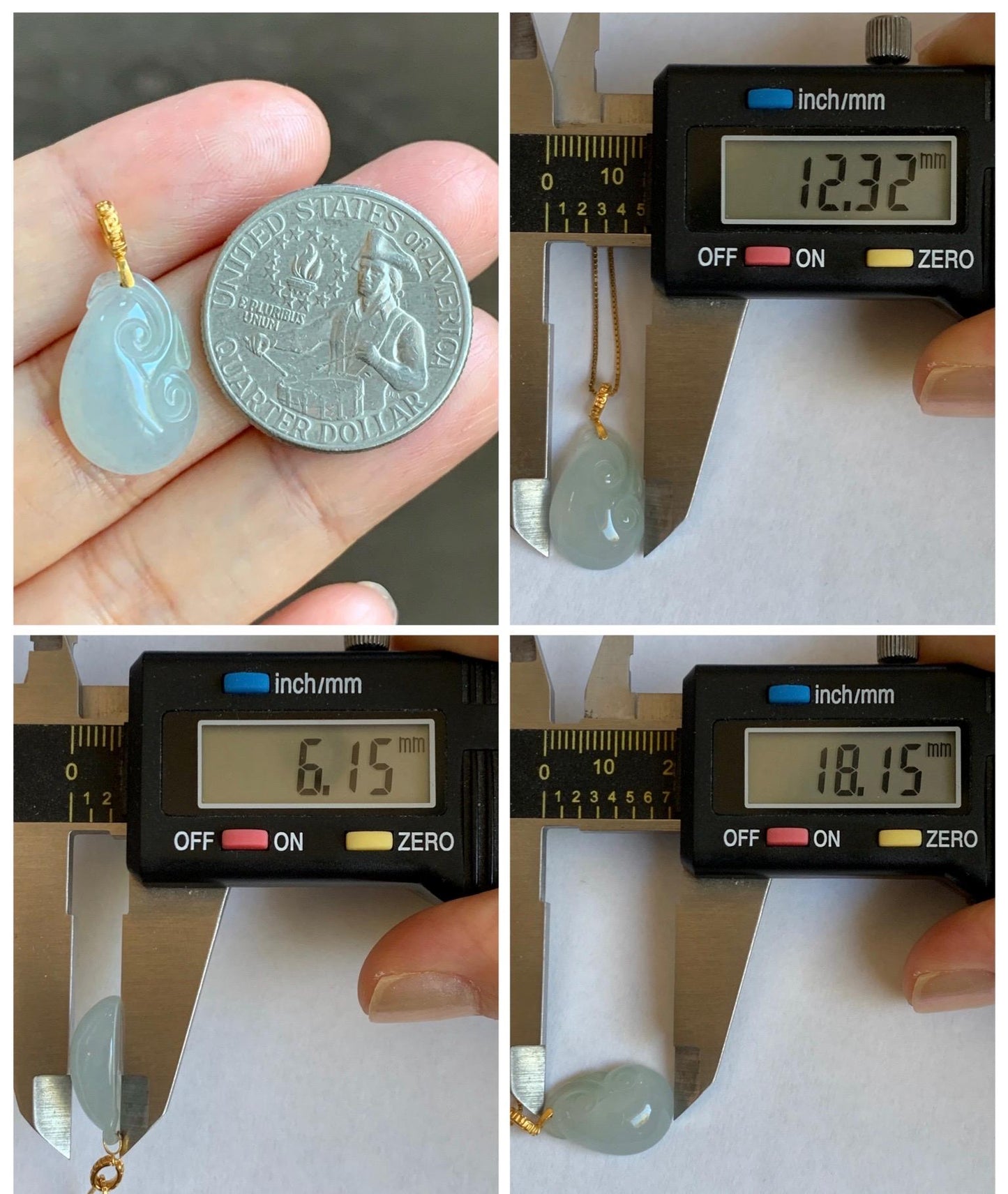 Natural Grade A Icy Highly Translucent White Jade Jadeite Ruyi Pendant 18K Yellow Gold Bail 天然冰胶白翡翠如意镶嵌吊坠 MBR280