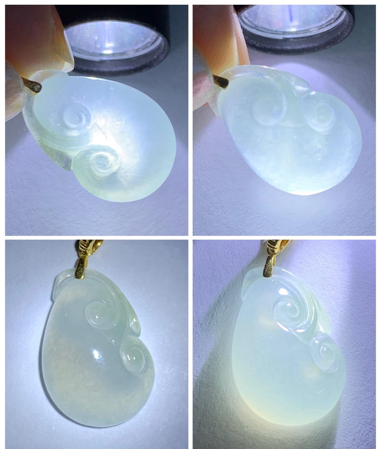 Natural Grade A Icy Highly Translucent White Jade Jadeite Ruyi Pendant 18K Yellow Gold Bail 天然冰胶白翡翠如意镶嵌吊坠 MBR280