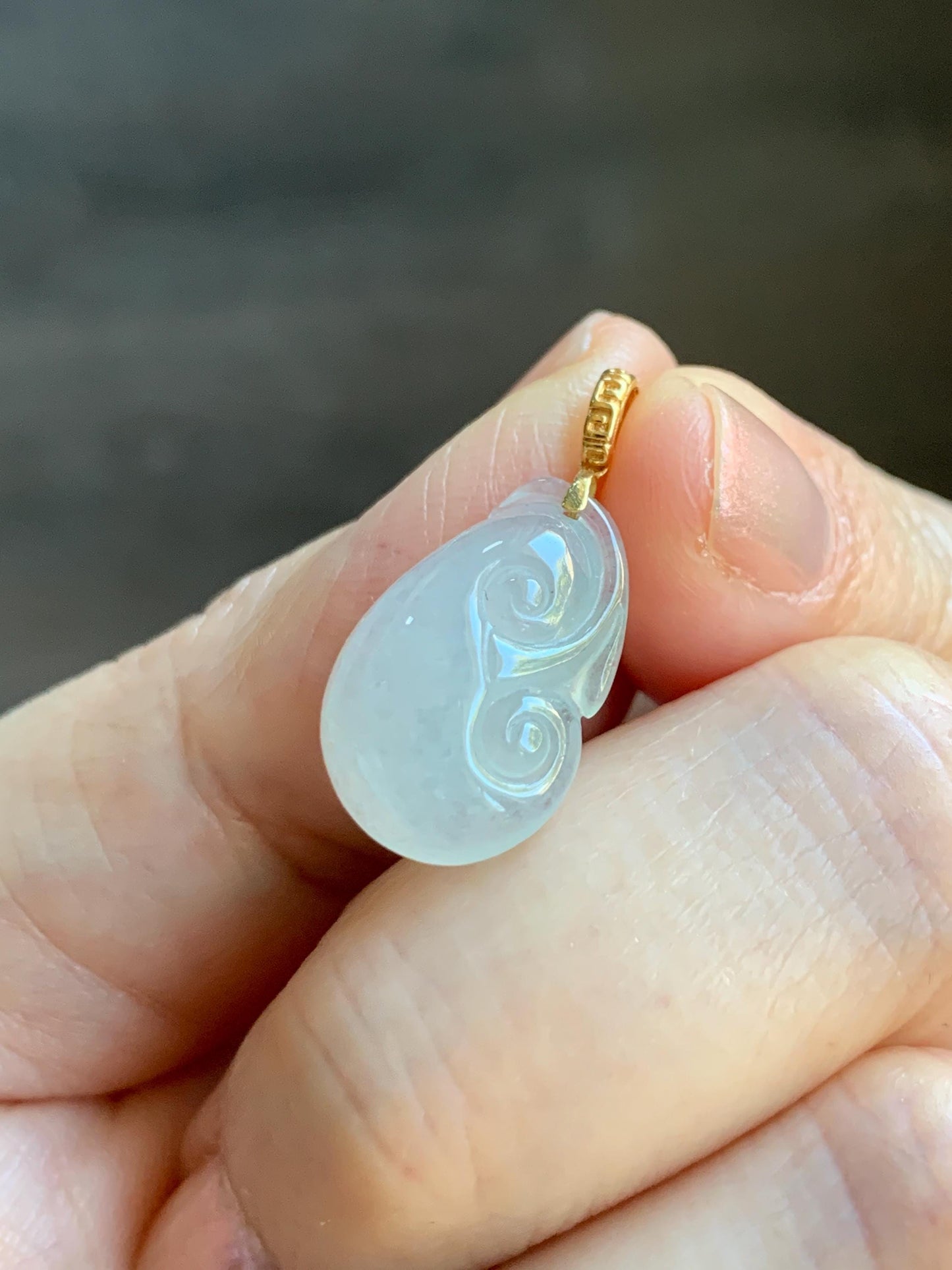 Natural Grade A Icy Highly Translucent White Jade Jadeite Ruyi Pendant 18K Yellow Gold Bail 天然冰胶白翡翠如意镶嵌吊坠 MBR280