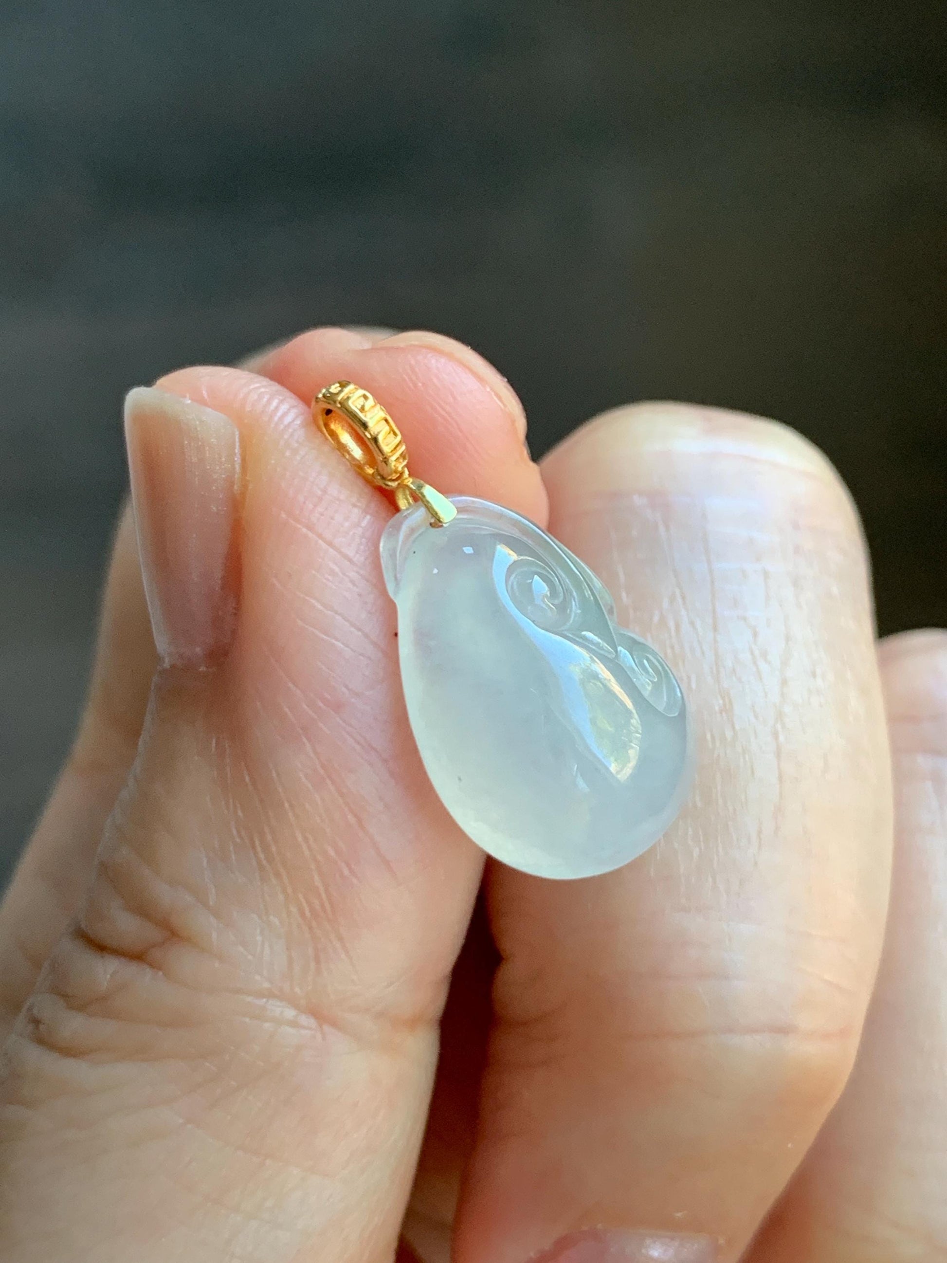 Natural Grade A Icy Highly Translucent White Jade Jadeite Ruyi Pendant 18K Yellow Gold Bail 天然冰胶白翡翠如意镶嵌吊坠 MBR280