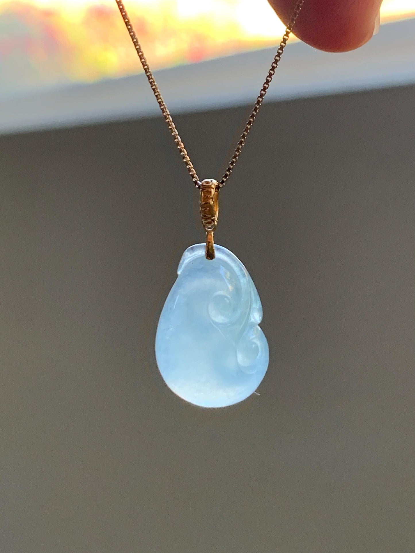 Natural Grade A Icy Highly Translucent White Jade Jadeite Ruyi Pendant 18K Yellow Gold Bail 天然冰胶白翡翠如意镶嵌吊坠 MBR280