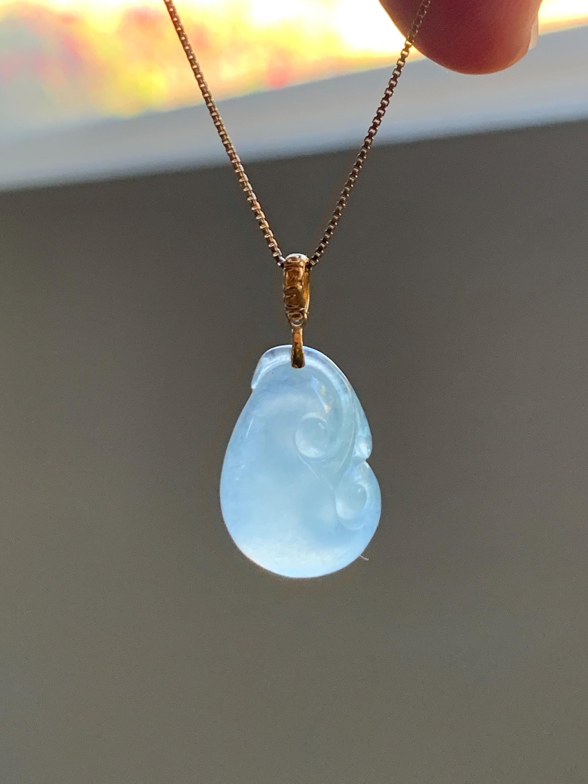 Natural Grade A Icy Highly Translucent White Jade Jadeite Ruyi Pendant 18K Yellow Gold Bail 天然冰胶白翡翠如意镶嵌吊坠 MBR280